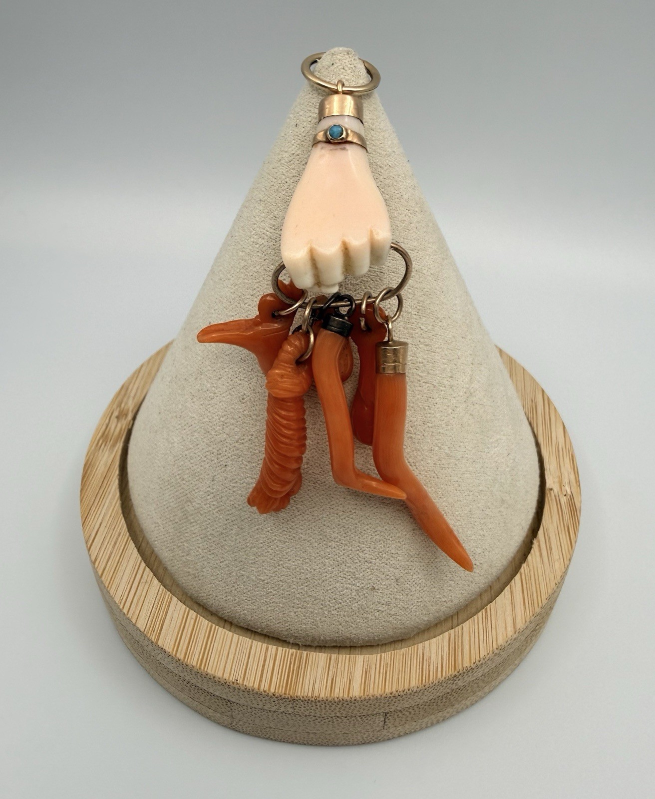 Antique Ca 1830-70s Angle Skin /Orange Coral Hand Figa & Charm Pendant Gold