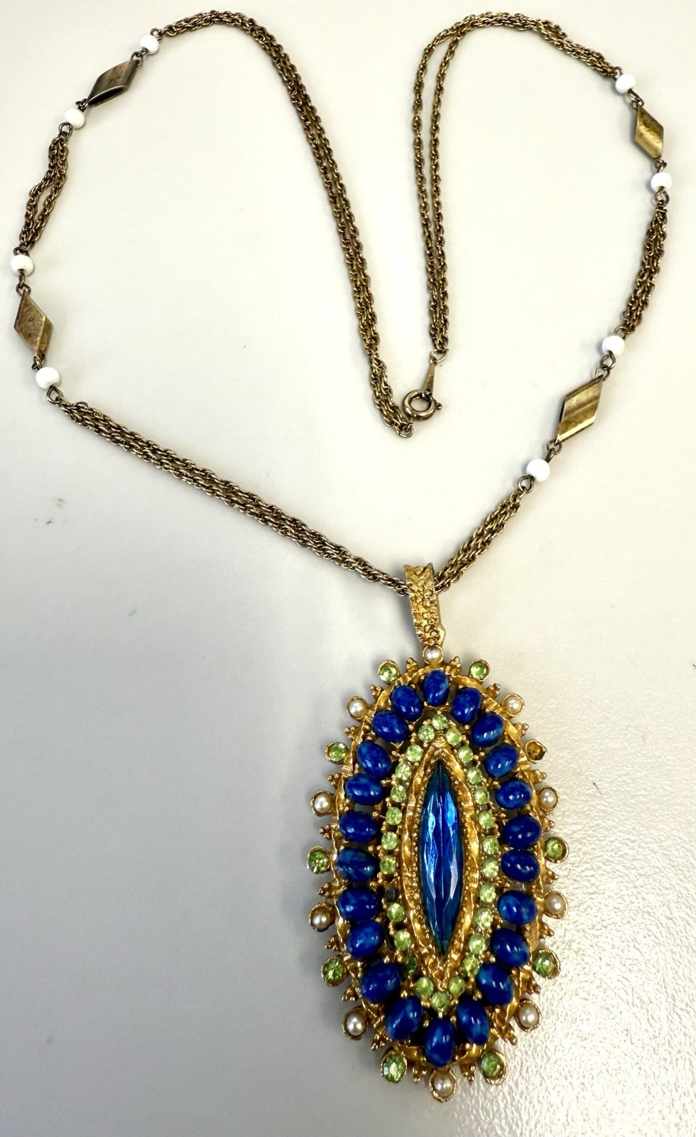 Vintage Gold Tone Pendant Necklace Signed Korea Blue Art Glass Regency Style