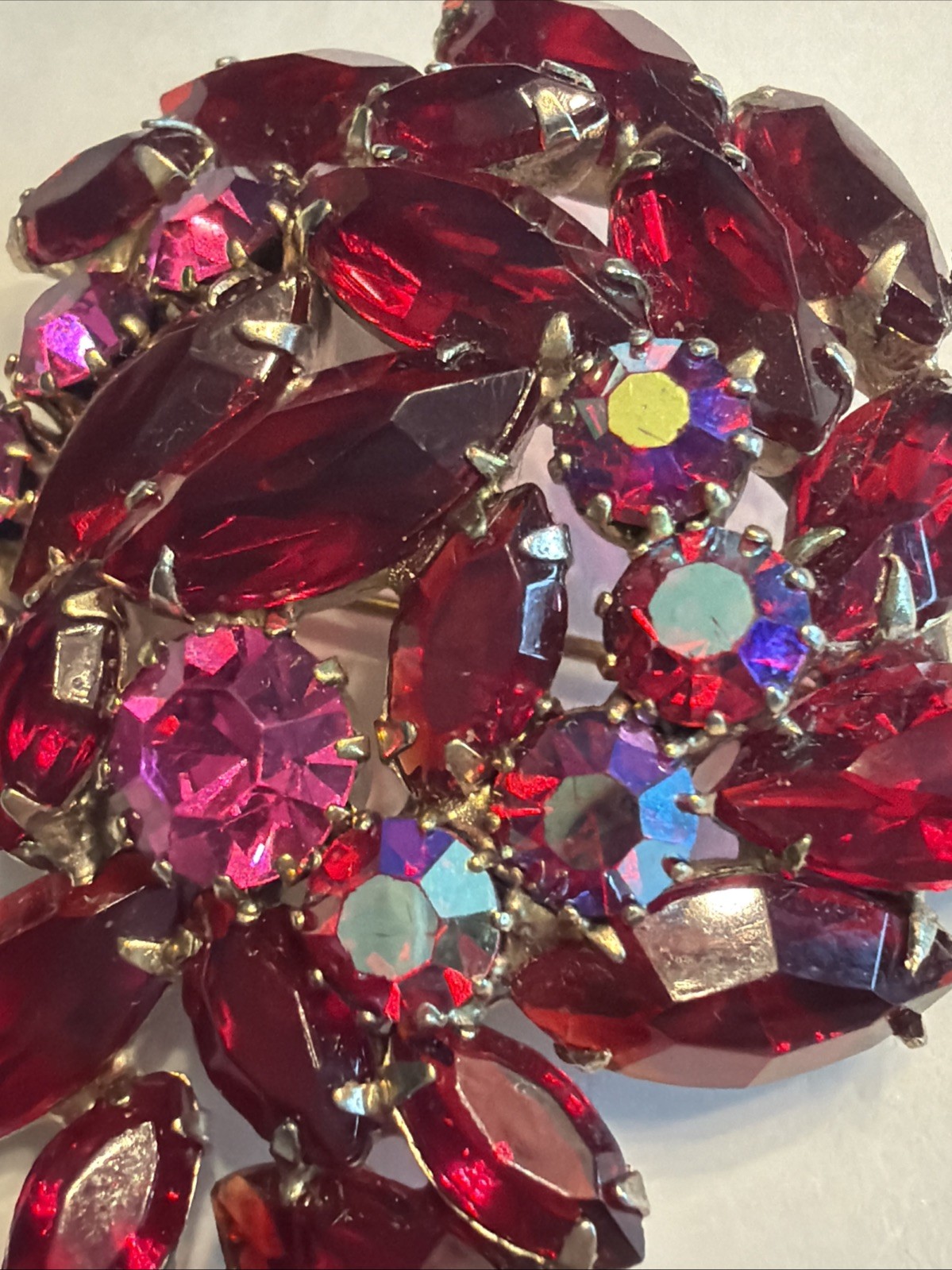 Stunning Vintage Juliana ? Flower Brooch Red Navettes AB Pink Rhinestones K15