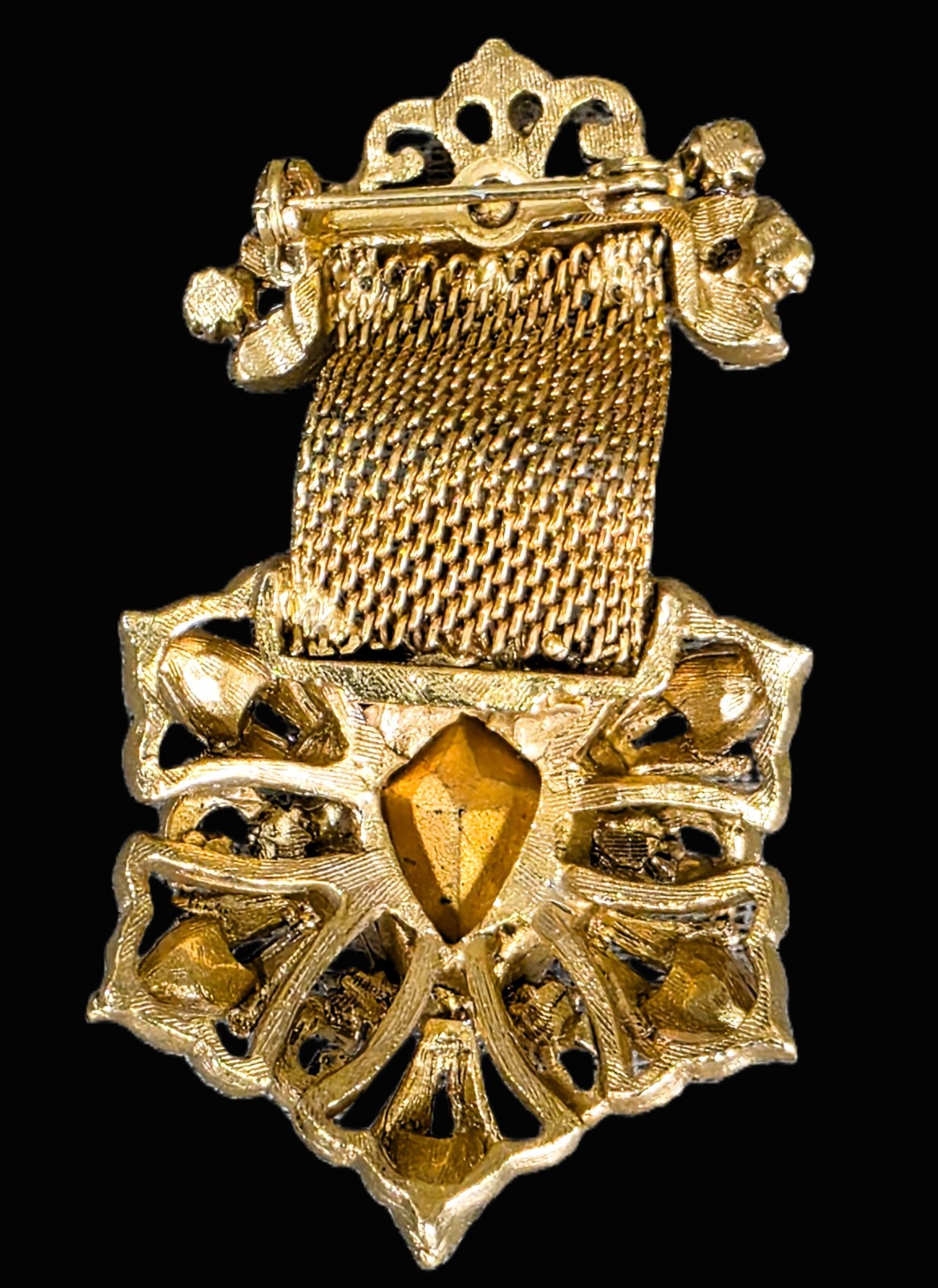 Vintage FLORENZA Rhinestone Heraldic Brooch Mesh Ribbon Pin