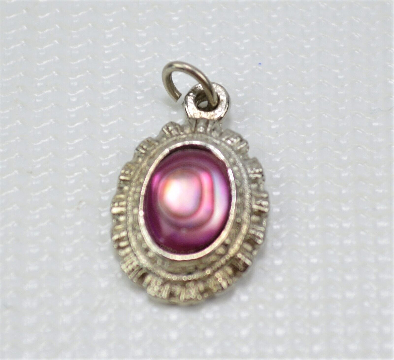 Vintage Small Pink Stone Silver Toned Pendant .75″ x .50″