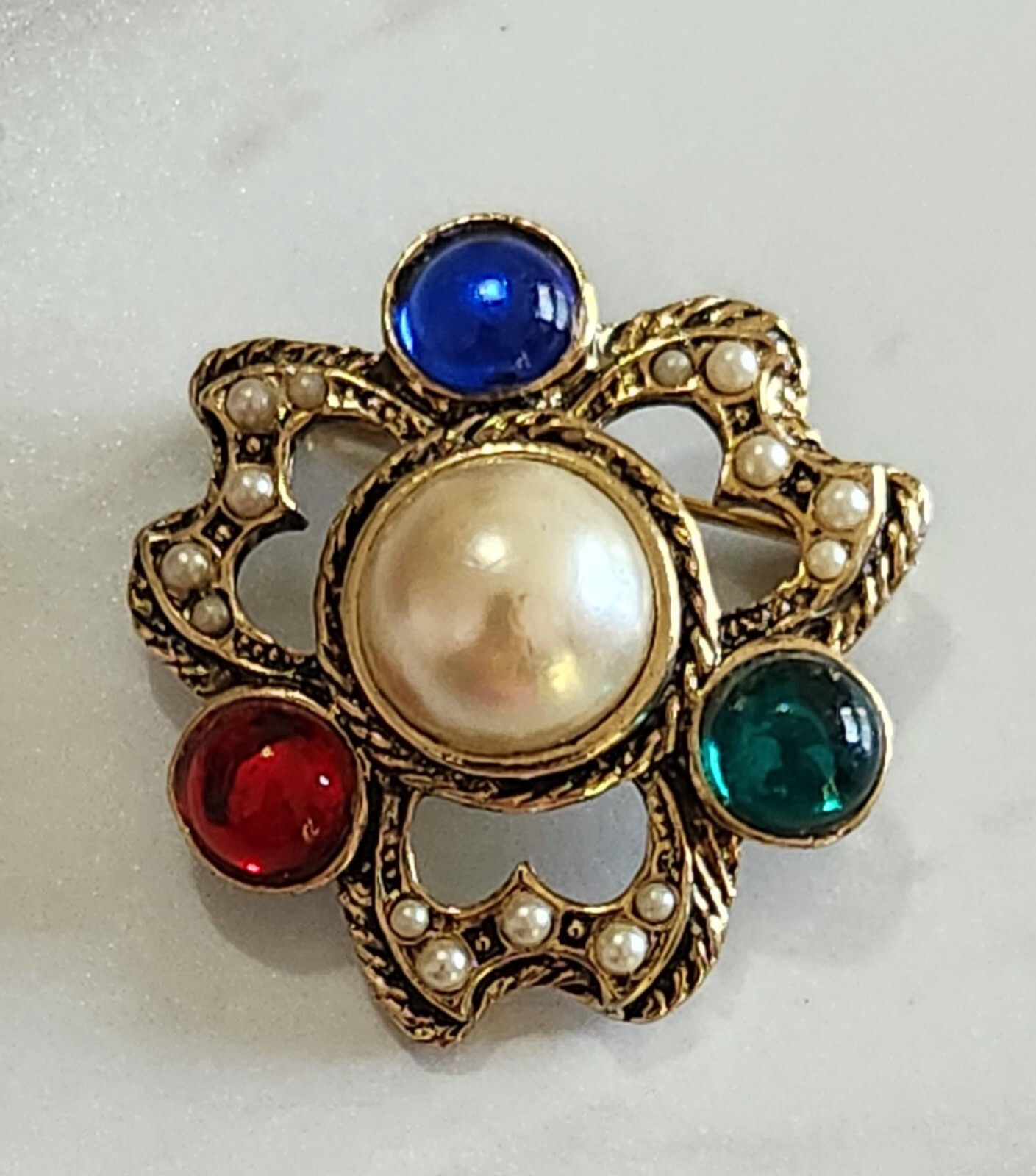 Vintage Faux Cabochon Pearl, Emerald, Ruby, & Sapphire Gold Tone Brooch