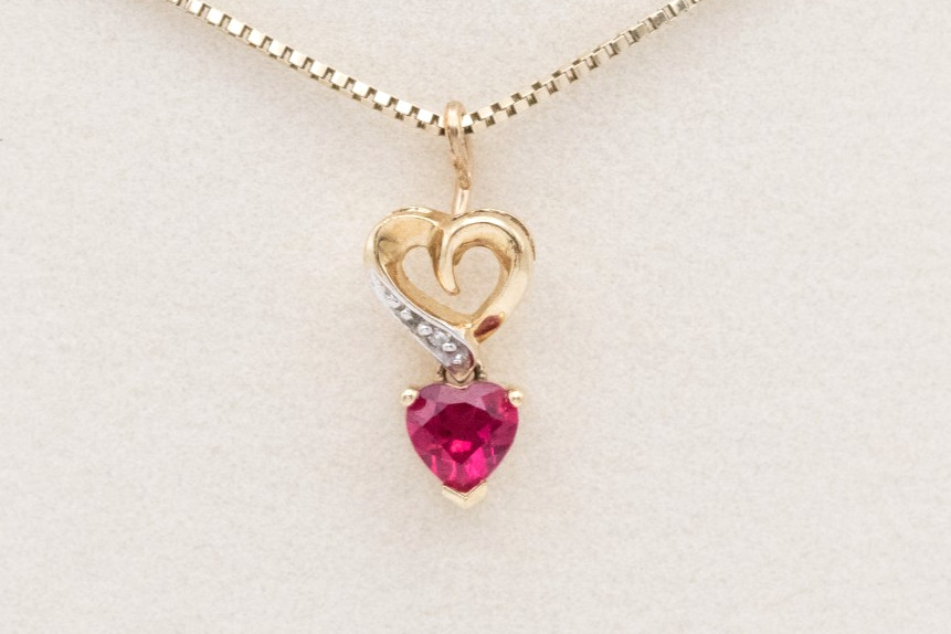 10K Yellow Gold Heart Ruby Stone Pendant Only with Diamond Accent