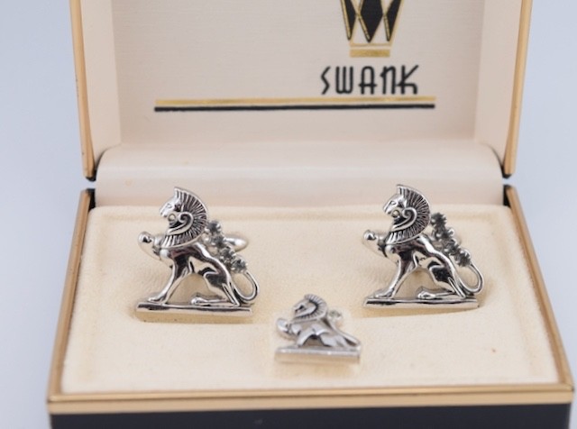 Vintage Swank Figural Griffin Cufflinks Rhinestones Silver Tie Tack Box
