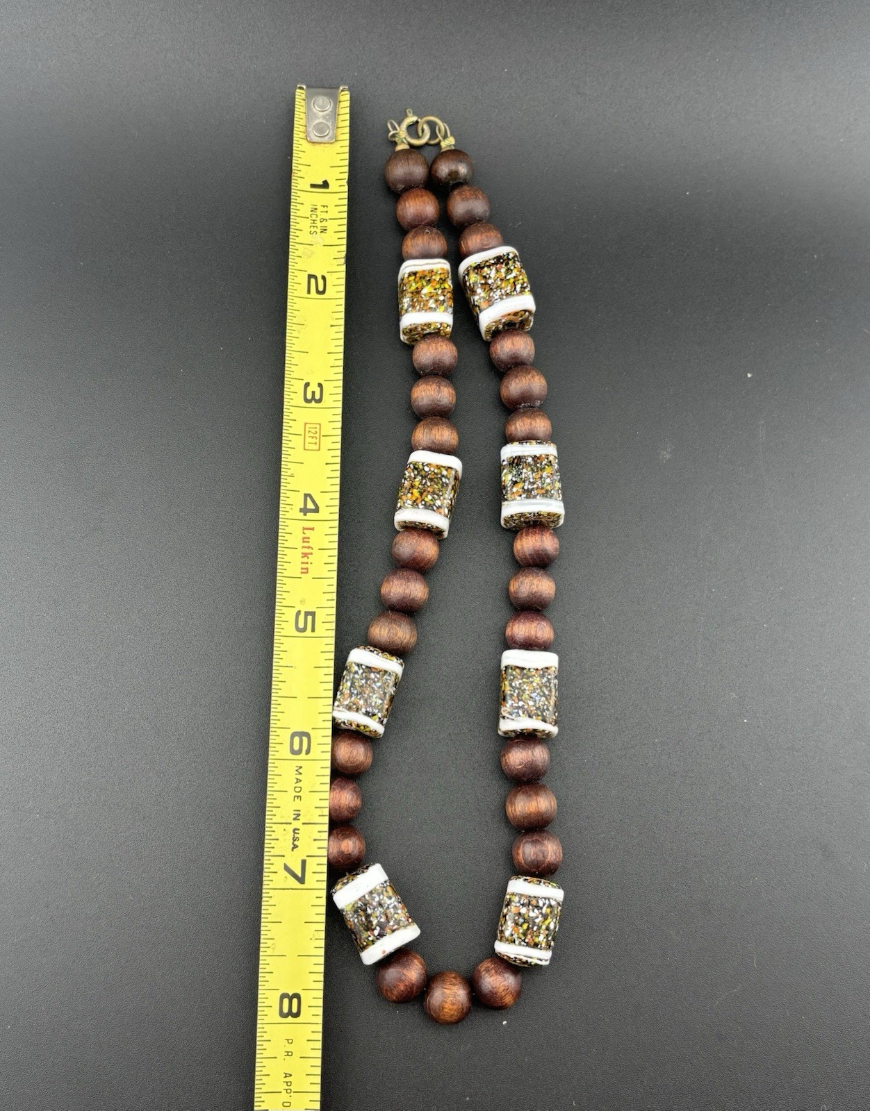 Ceramic Glazed Square White Brown Wooded Beaded VTG 16′ Necklace