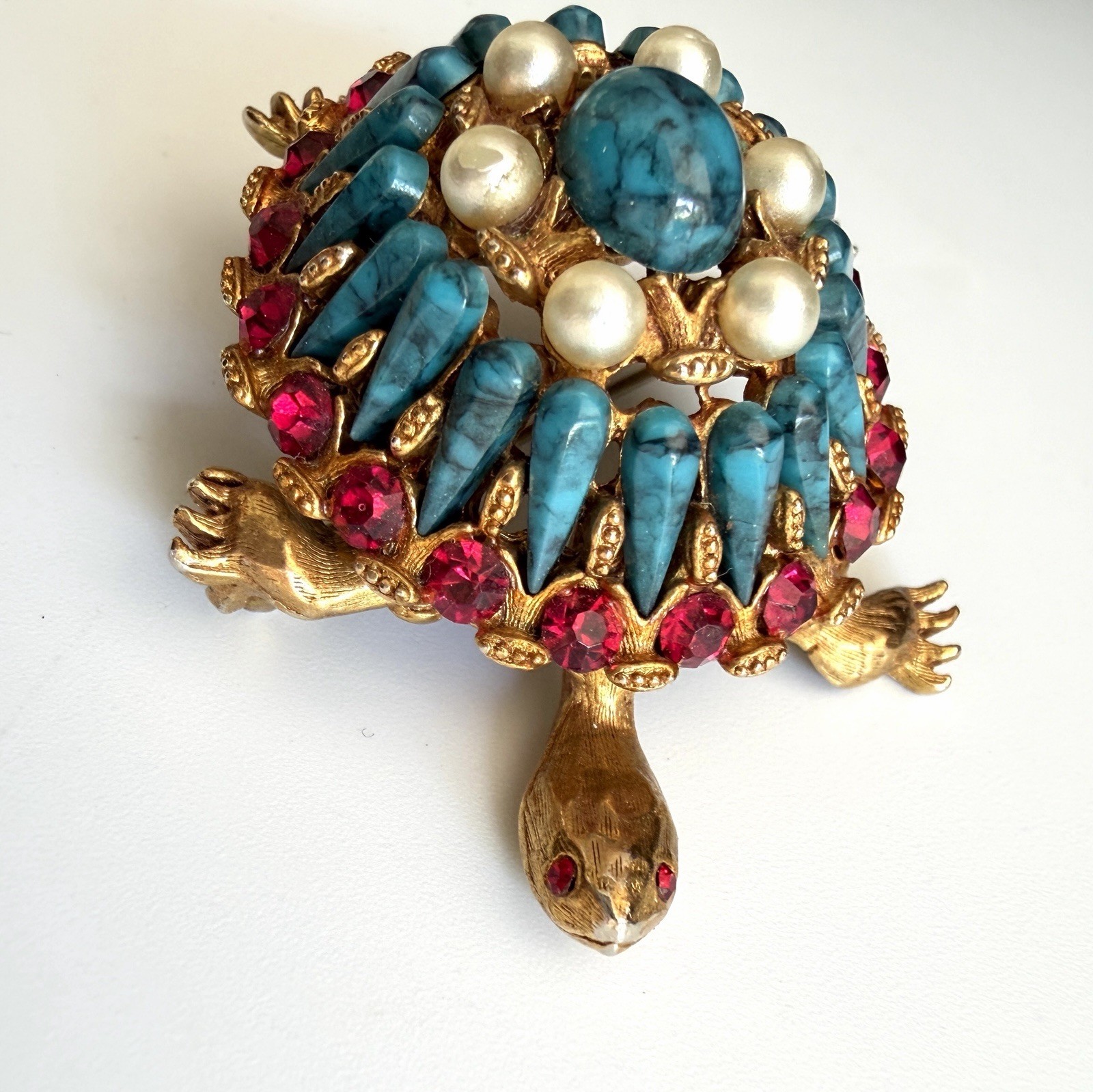 HAR Turtle Brooch Pin Rare Mid Century Turquoise Tiered Rhinestone Statement!!