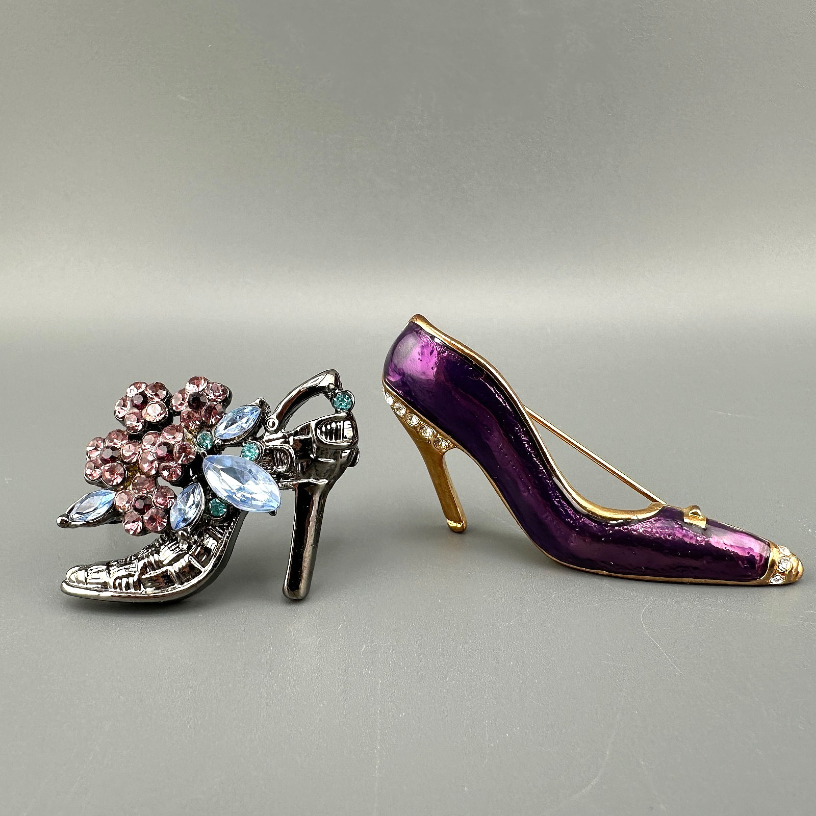 Vintage Shoe Brooch Lot Rhinestone Enamel High Heel Purple Blue Silver Gold Tone