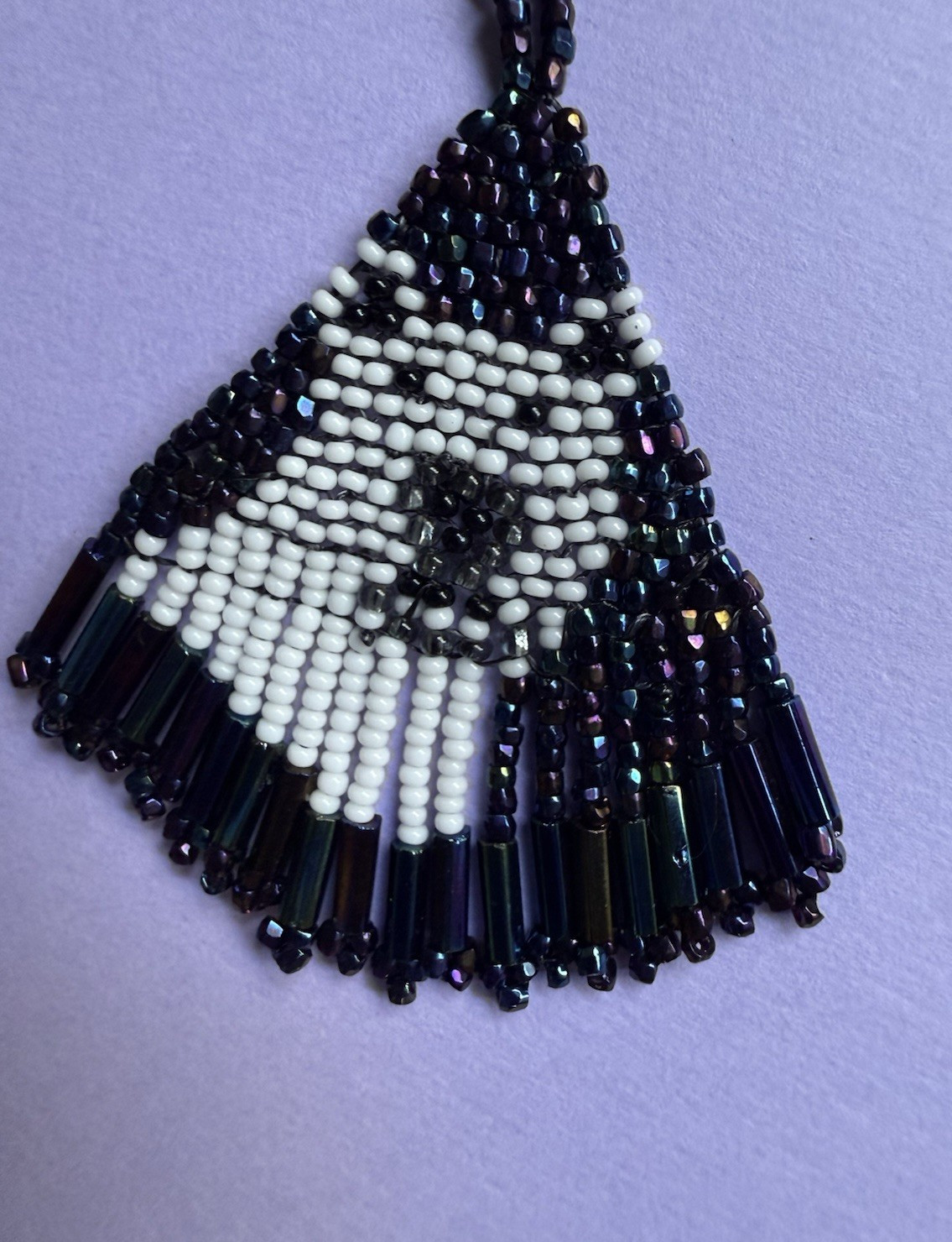 Vintage Polar Bear Glass Woven Sead Bead Dangle Tassel Long AB Black Earrings
