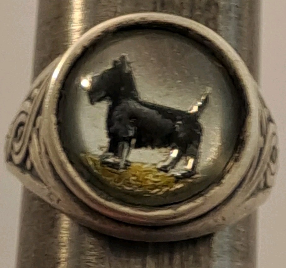 VINTAGE Sterling Silver CELTIC Art Glass SCOTTY DOG Bypass Wrap Ring 8.25 NICE