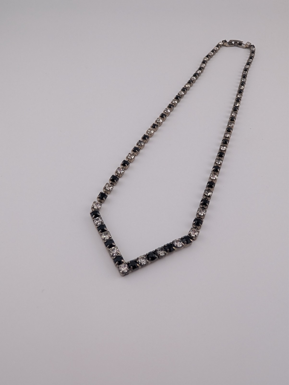 Vintage Silver Tone White & Black Glass Rhinestone V Point Necklace