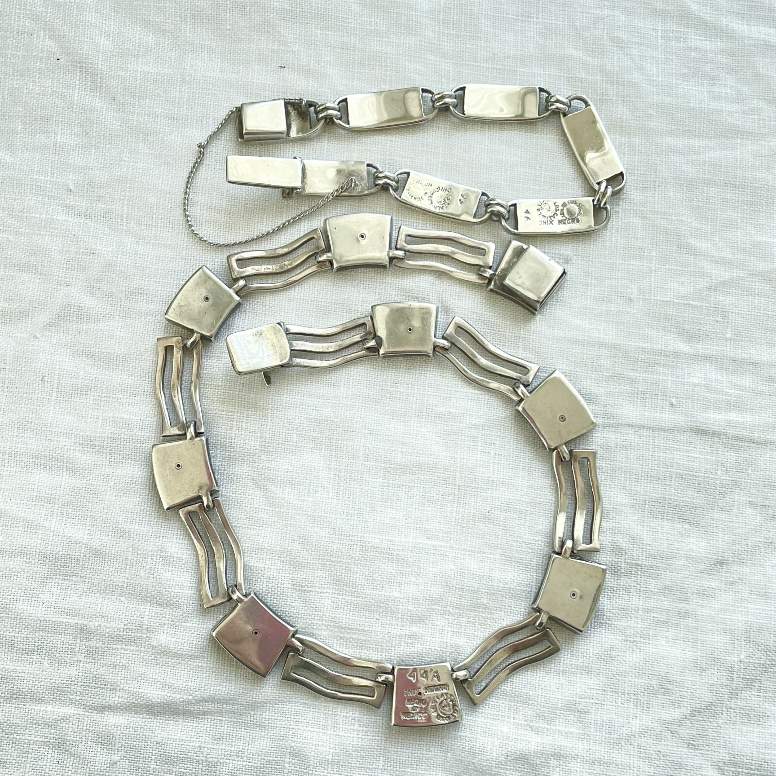 Vintage Los Castillo Onix Negro Fish Necklace/Bracelet Set, Sterling Silver Onyx