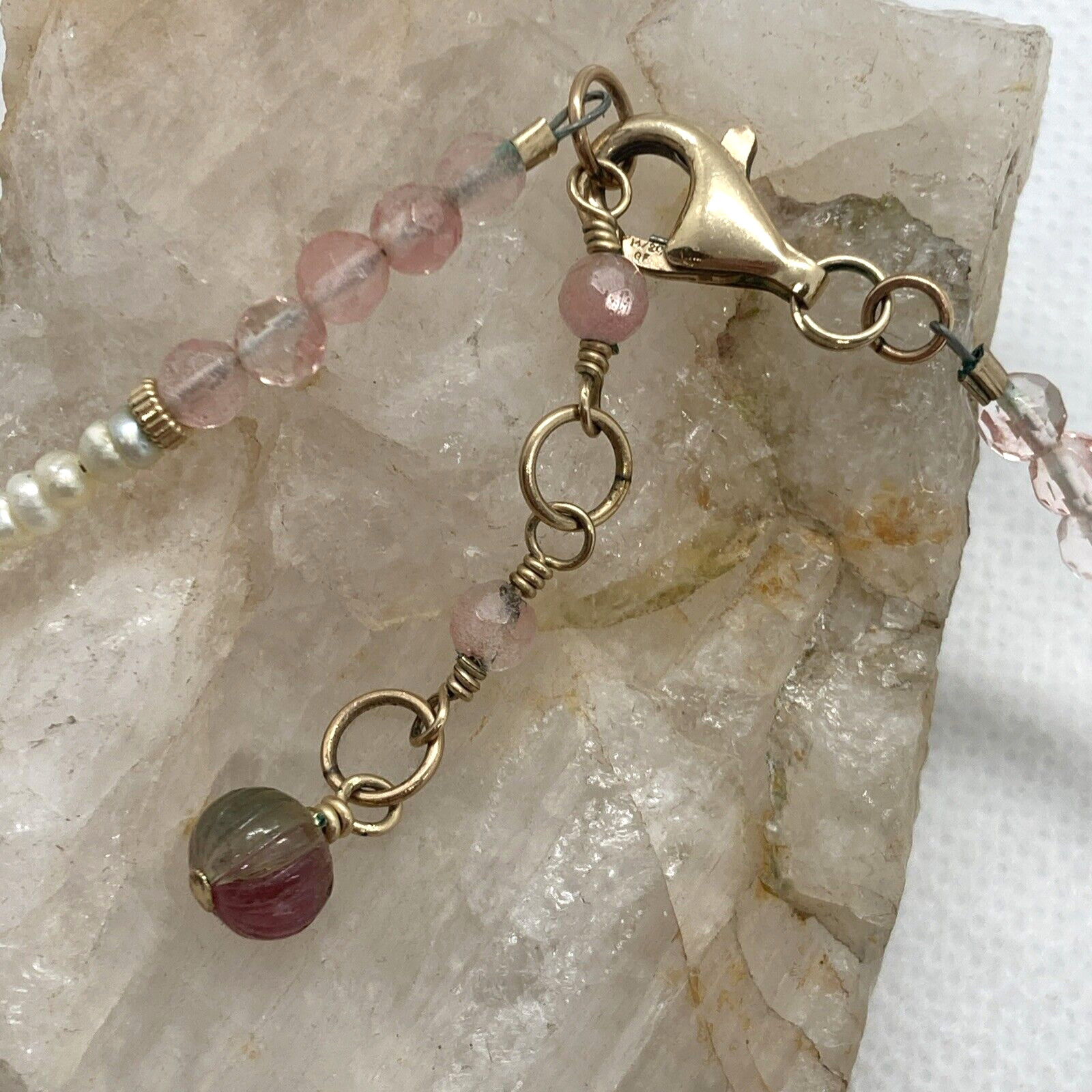 Vintage Rose Quartz Carved Mother of Pearl Tourmaline 18” Necklace 14/20 GF 44g