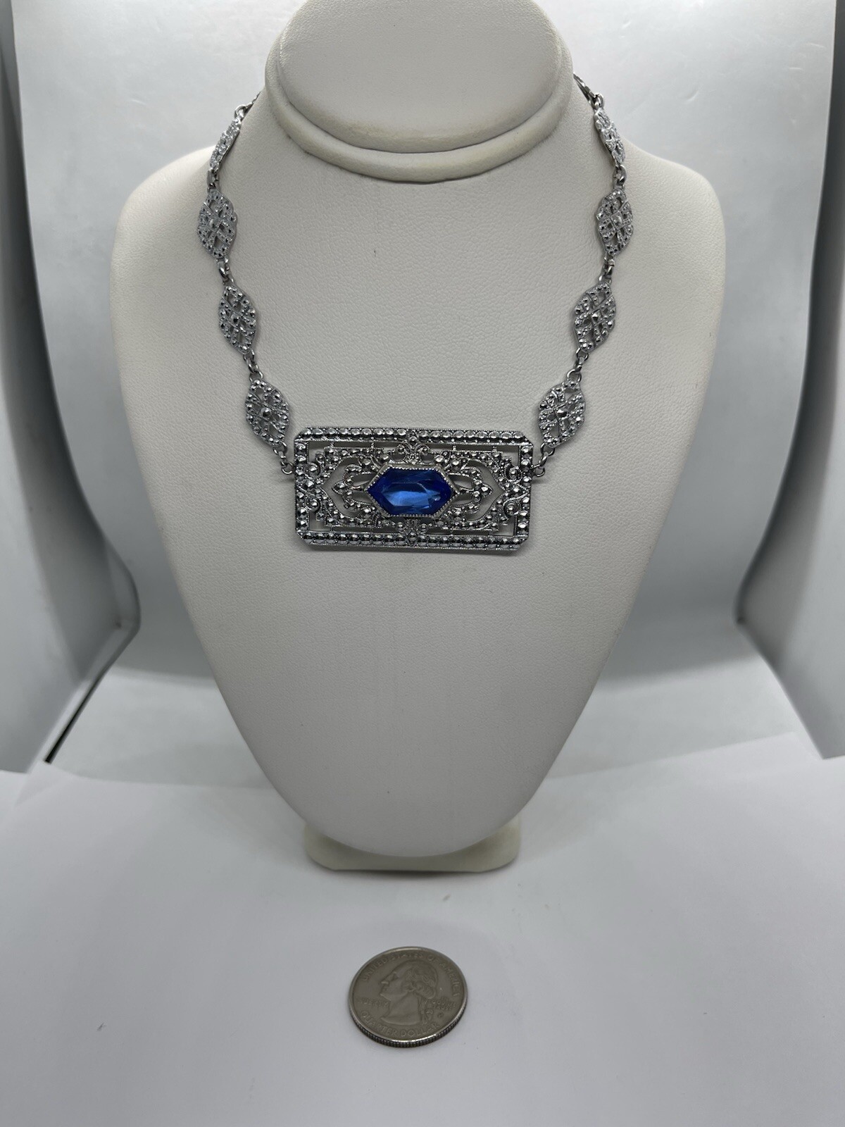 Antique Art Deco Blue Lozenge Shape Plaque Rhodium Plated Sterling Necklace