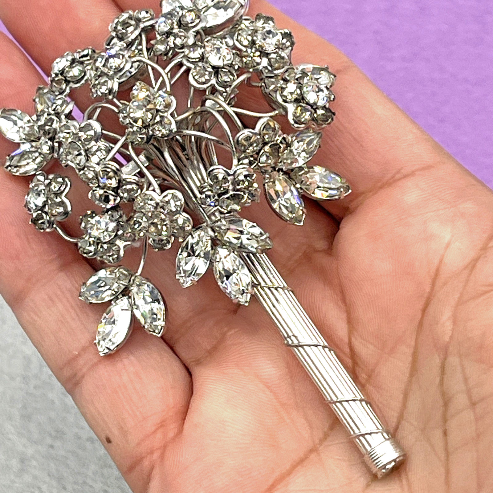 Original By Robert Brooch Bouquet of Flowers Rhinestone Brooch Silver Tone 3.5″