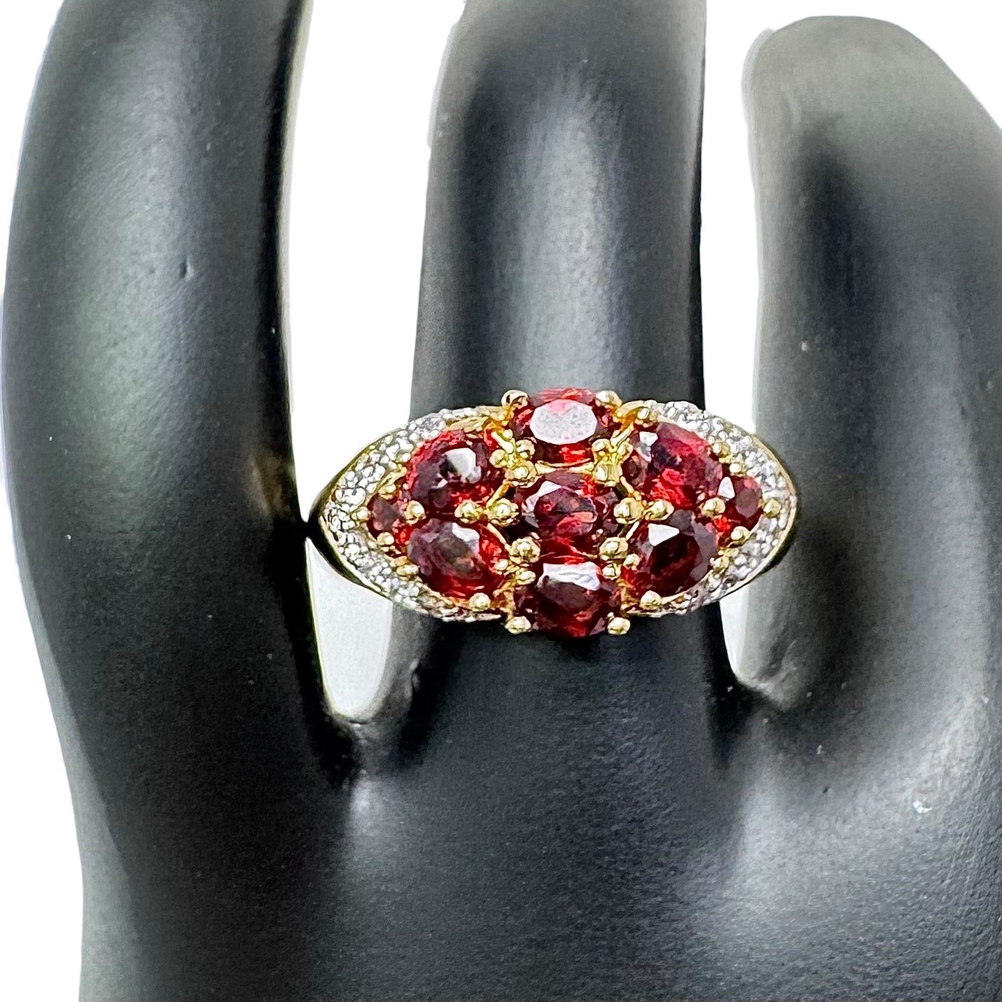 Vintage Gold Tone Red Garnet Cluster Ring Clear Rhinestone Accents 7.5