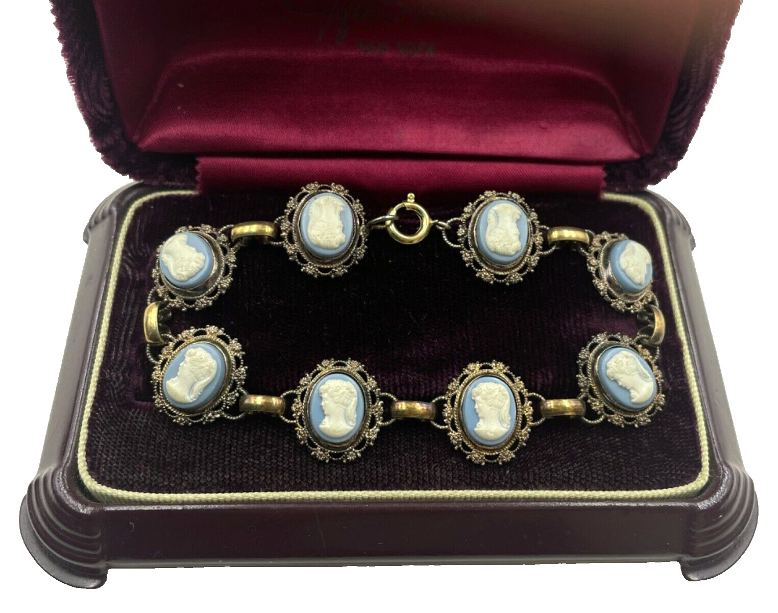 SET DEMI-PARURE BRACELET BROOCH PENDANT CHAIN CAMEO BLU PORCELAIN STERLING SLVER