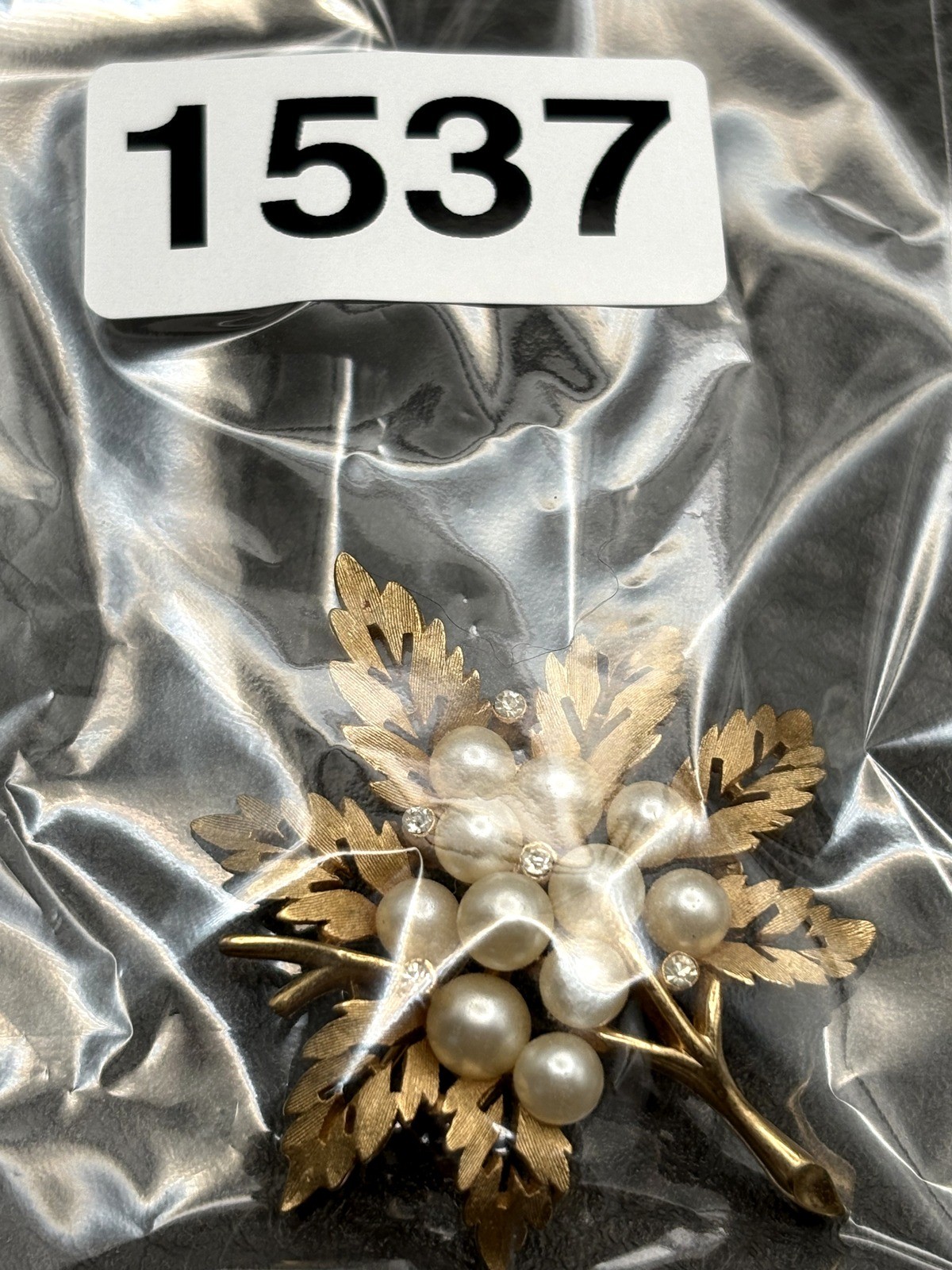 Vintage Crown Trifari Gold Tone Faux Pearl Cluster Rhinestone Leaf Brooch Pin