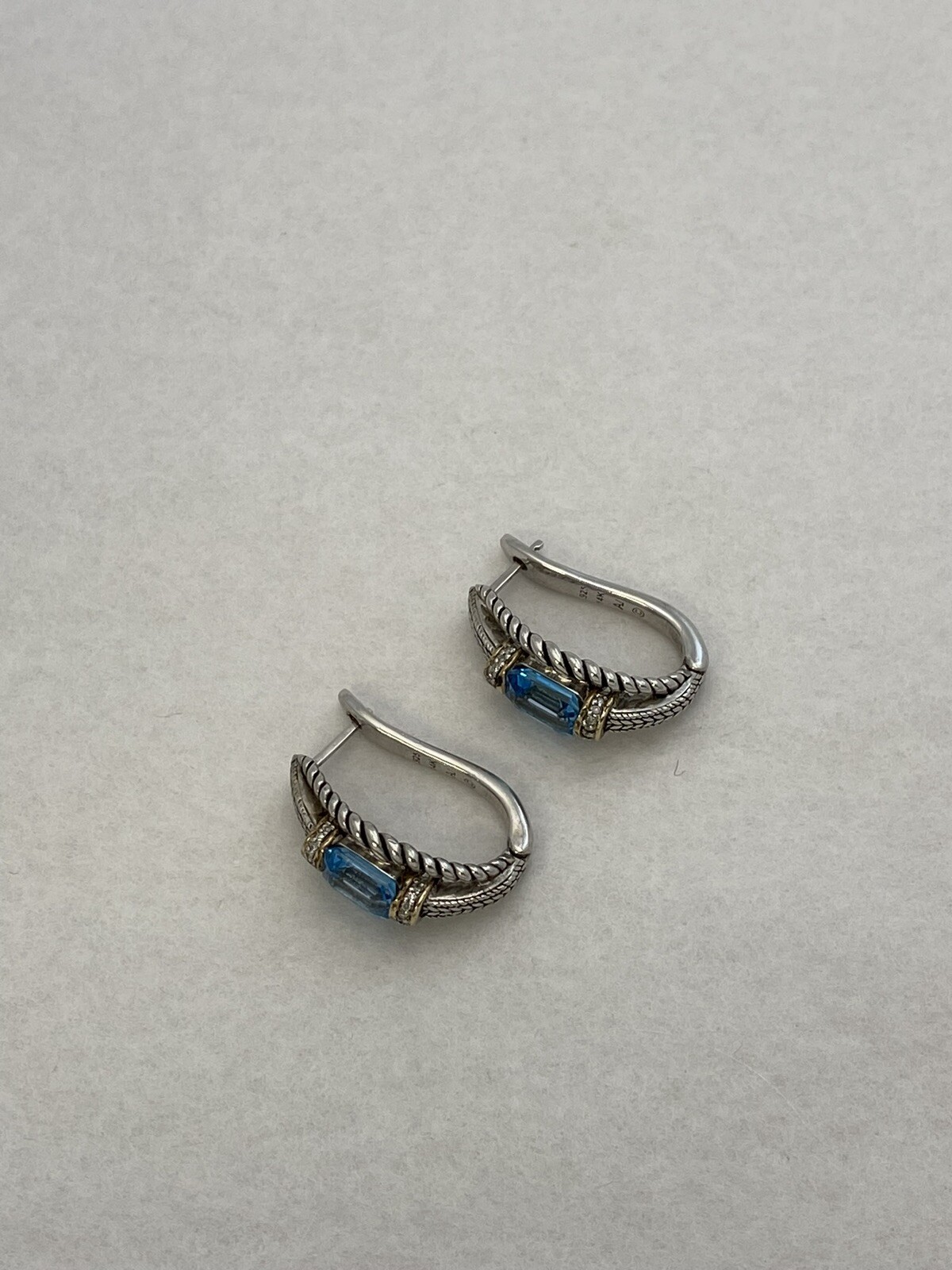 Sterling Silver 14k Earrings w/ Aquamarine like Stone & Crystals Mark AJ 1”