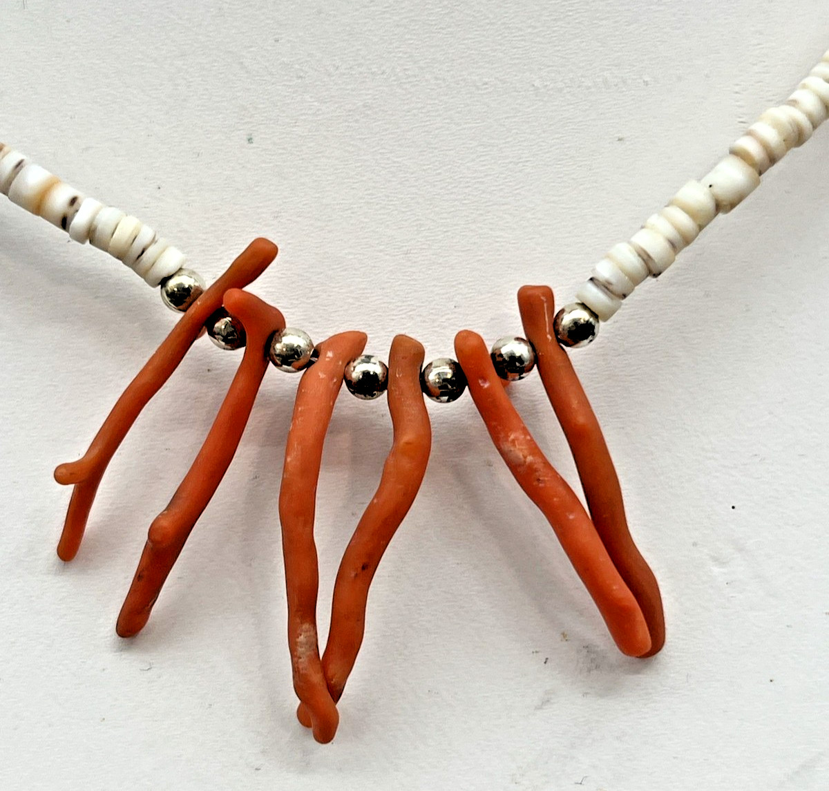 Vintage Genuine Branch Coral and Shell Bead Fetish Style Station Choker Necklace