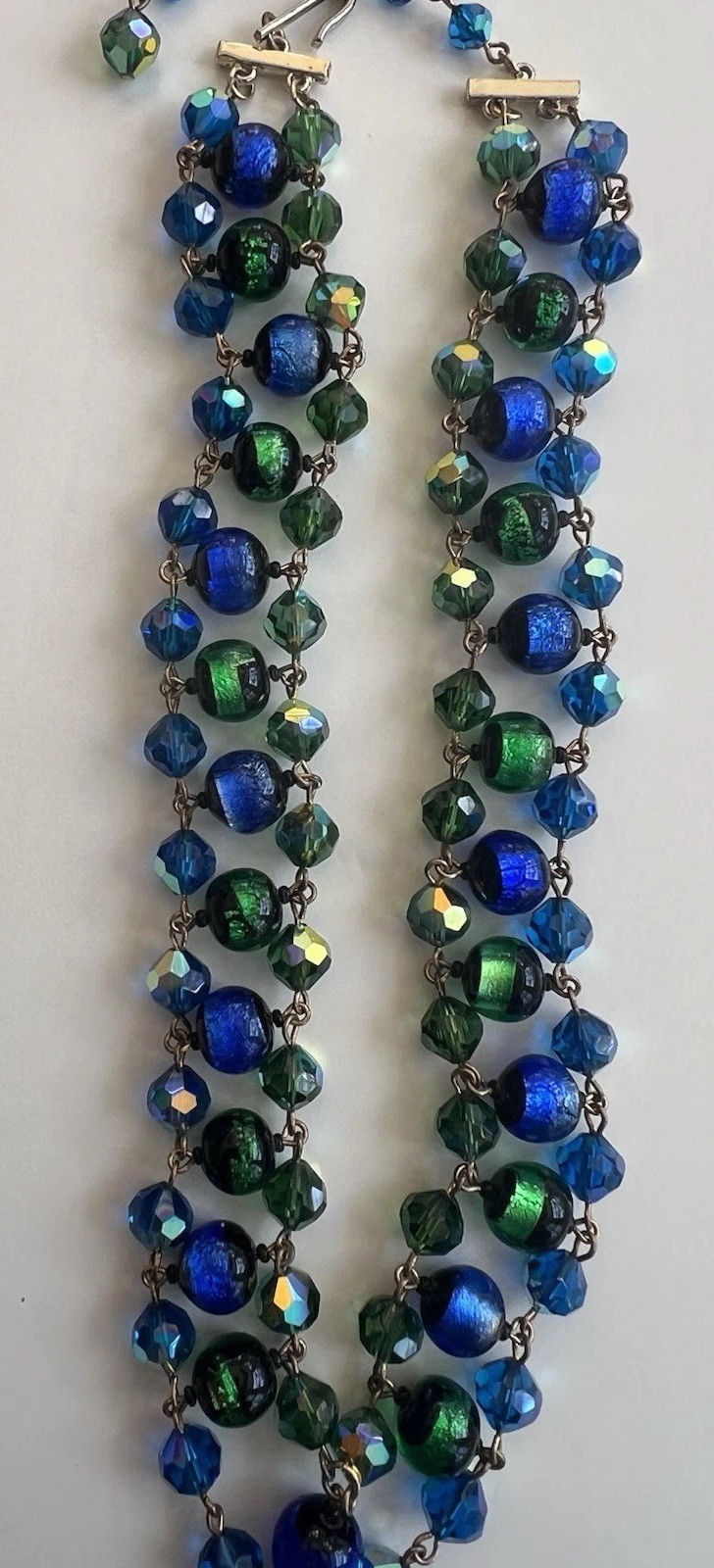 GORGEOUS VTG STATEMENT DESIGNER NECKLACE VENETIAN FOILED BLUE/GREEN GLASS BEADS