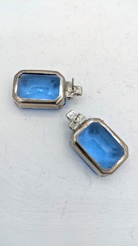 Vintage Post Earrings Blue Crystal Emerald Cut Glass Silver Tone Post 1950s