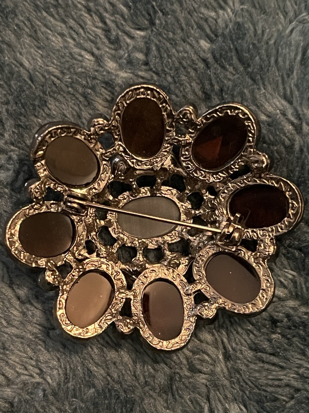 Jappaned Brooch Flower Faceted Brown, Black & Clear Rhinestones Tiger Eye Center