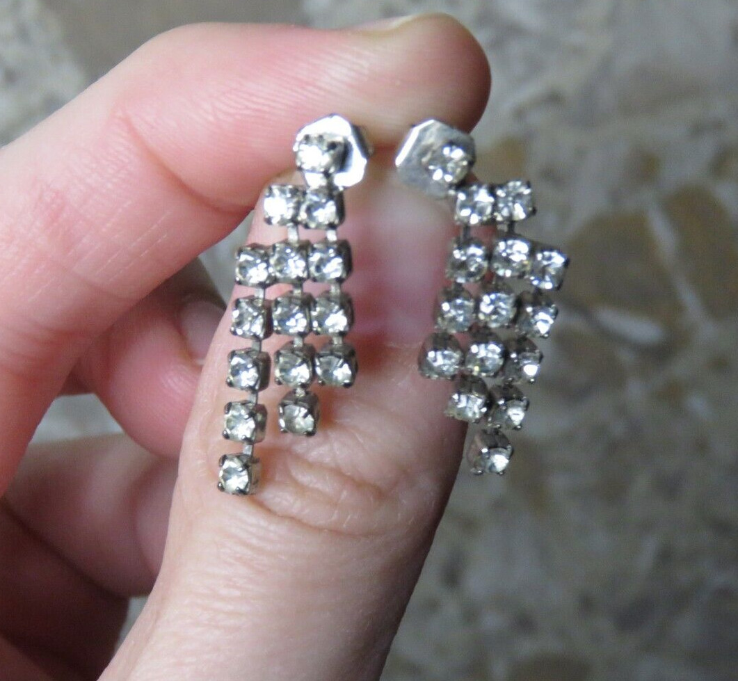 VTG Silver Rhinestone Triple Row Dangle Drop Tassel Post Pierced Earrings 1″