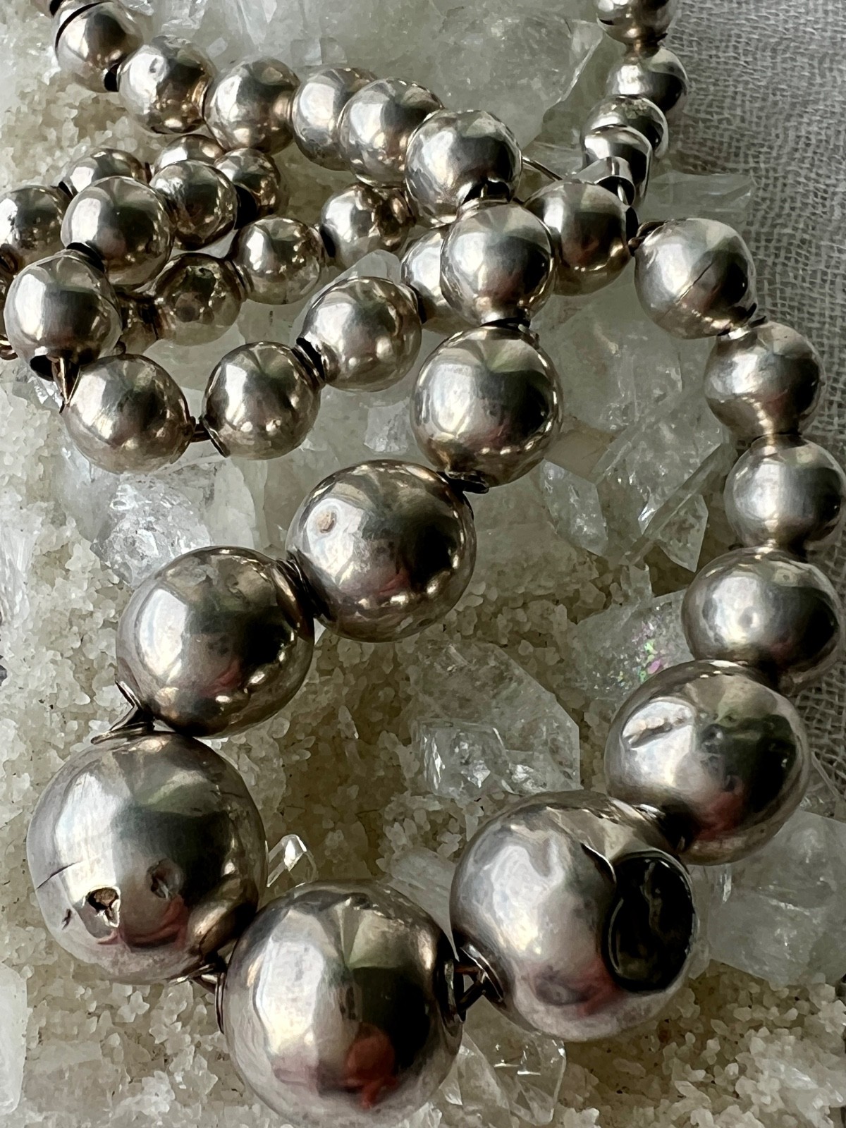 Vintage Iguala Mexico Sterling Silver Graduated Bead Necklace 925 ASA 16.5″
