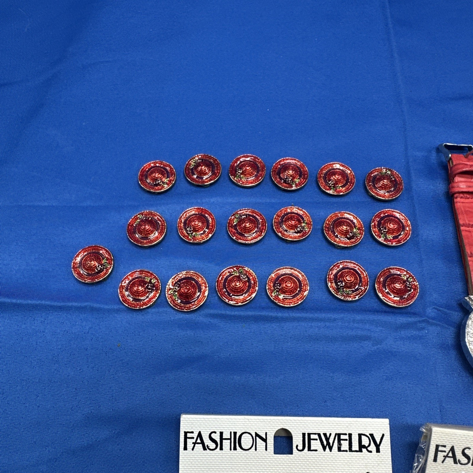 RED HAT SOCIETY JEWELRY LOT Broochs Pins Earrings Bracelet Buttons Watch