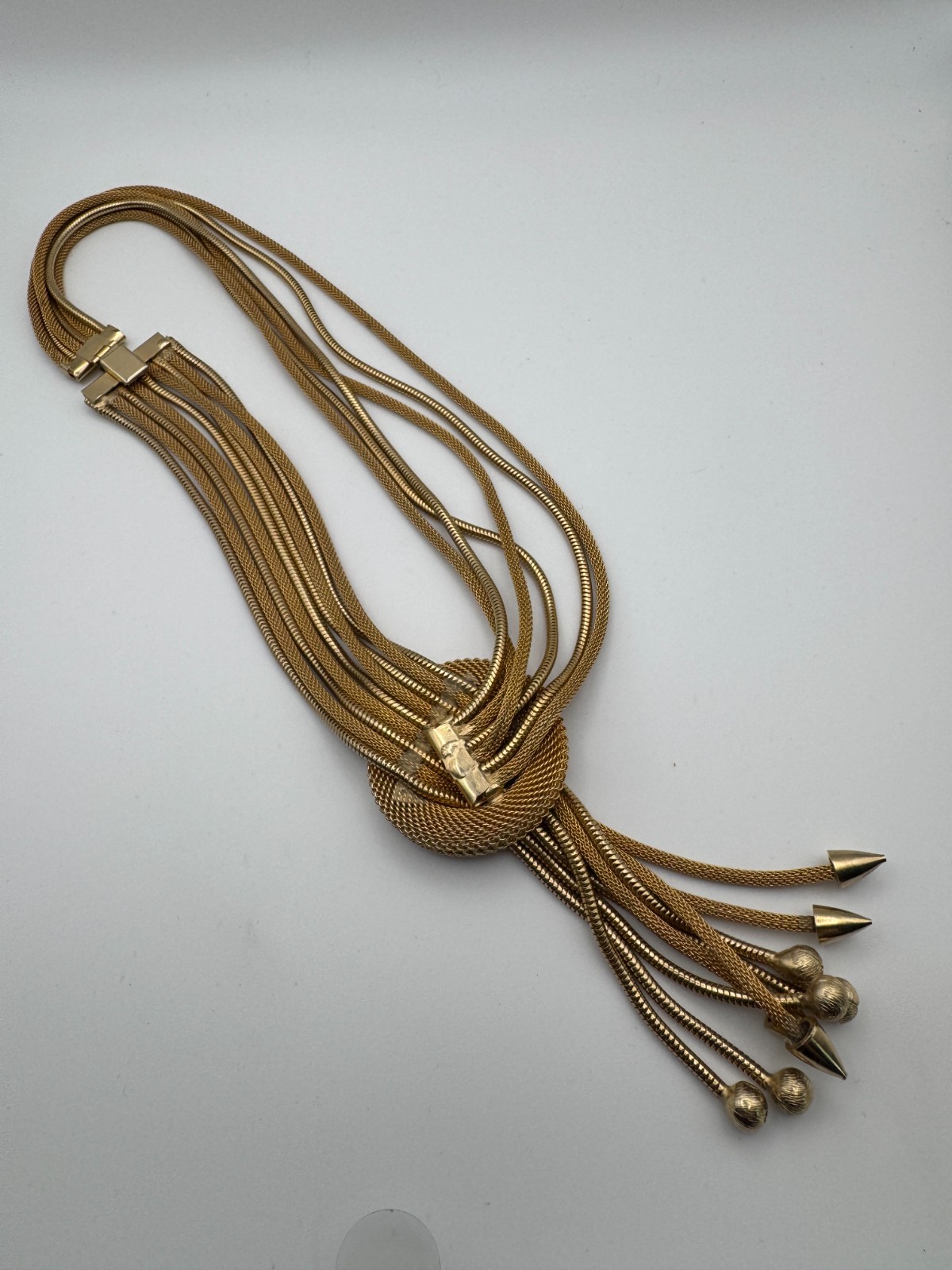 Vintage Mesh Necklace Multi Strand Snake Chain Tassel Knot Fringe Gold Tone