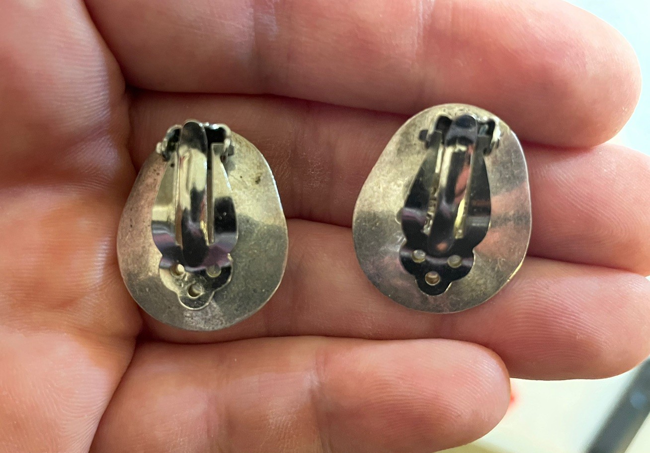 Vintage Sterling Azurite Heavy Clip On Earrings Mexico 925 TH-97 *See Pics/Notes
