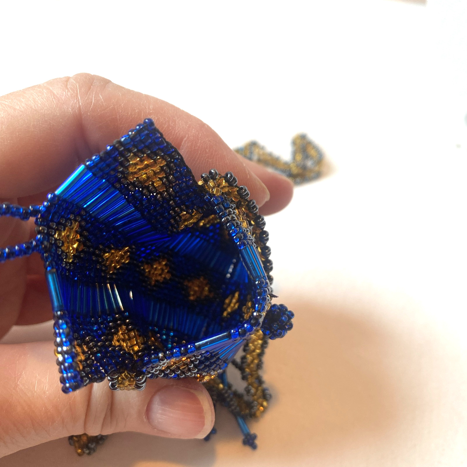 Vintage Blue & Gold Seed Bead Purse Pendant Necklace