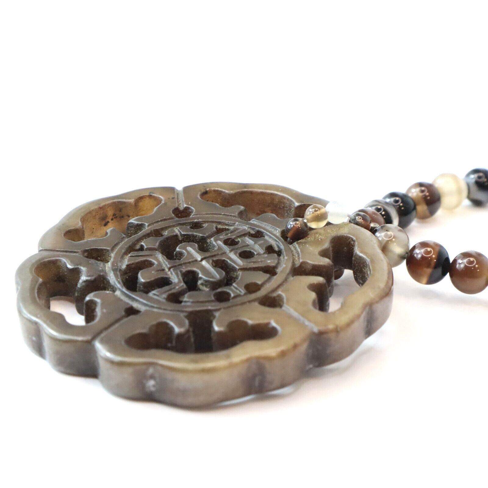 Vintage Chinese Export Hardstone Jade Carved Jade Tigers Eye Jasper Necklace