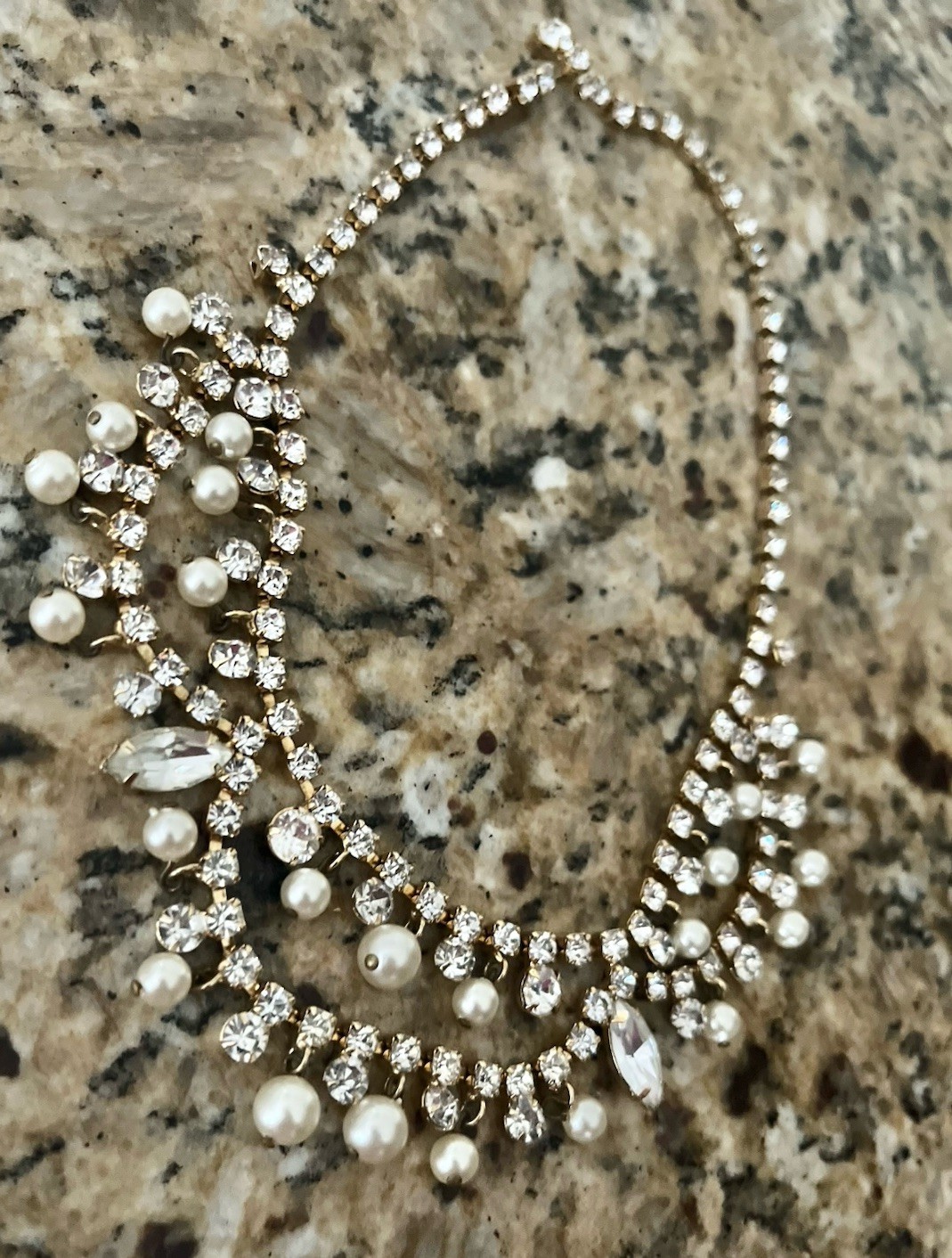 Vintage Clear Crystal Pearl Gold Tone Cascading Collar Beaded Garland Necklace