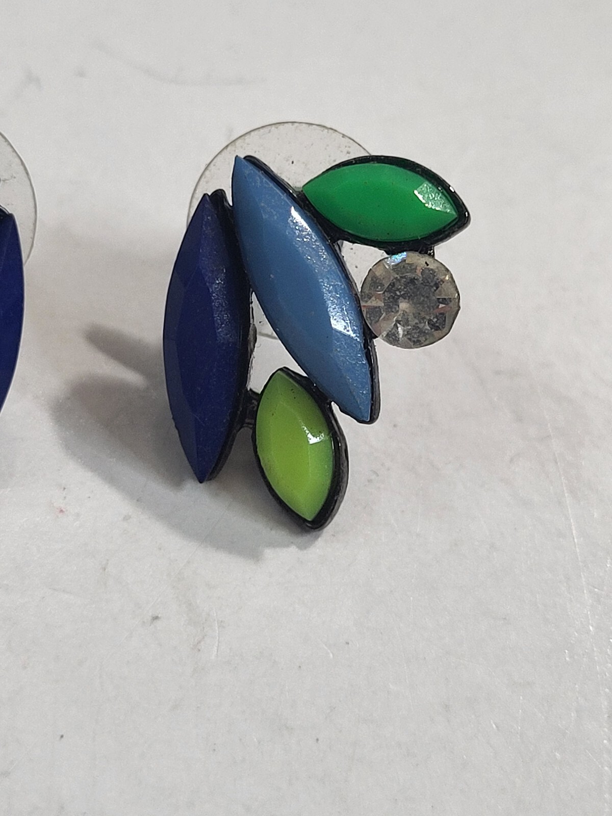 Vintage Peacock Feather Wing Blue Green Enamel Rhinestone Pierced Earrings
