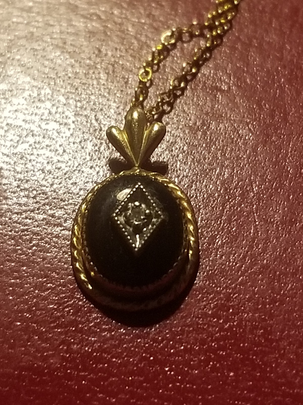 Antique Victorian Onyx And Diamond? Mourning 14k Gold Filled Pendant Necklace