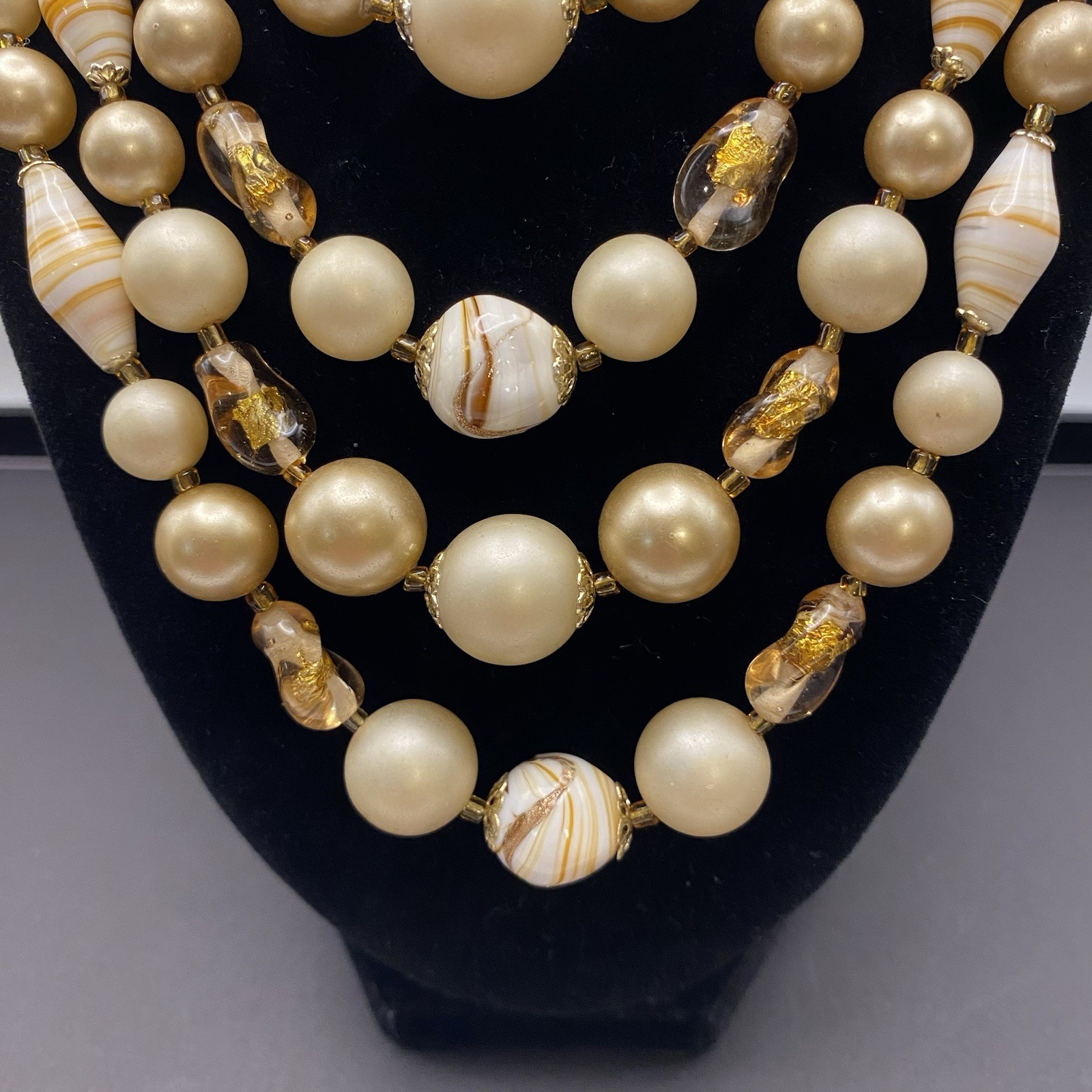 Stunning Vintage Multi-Strand Gold and Cream Beads with Art Glass