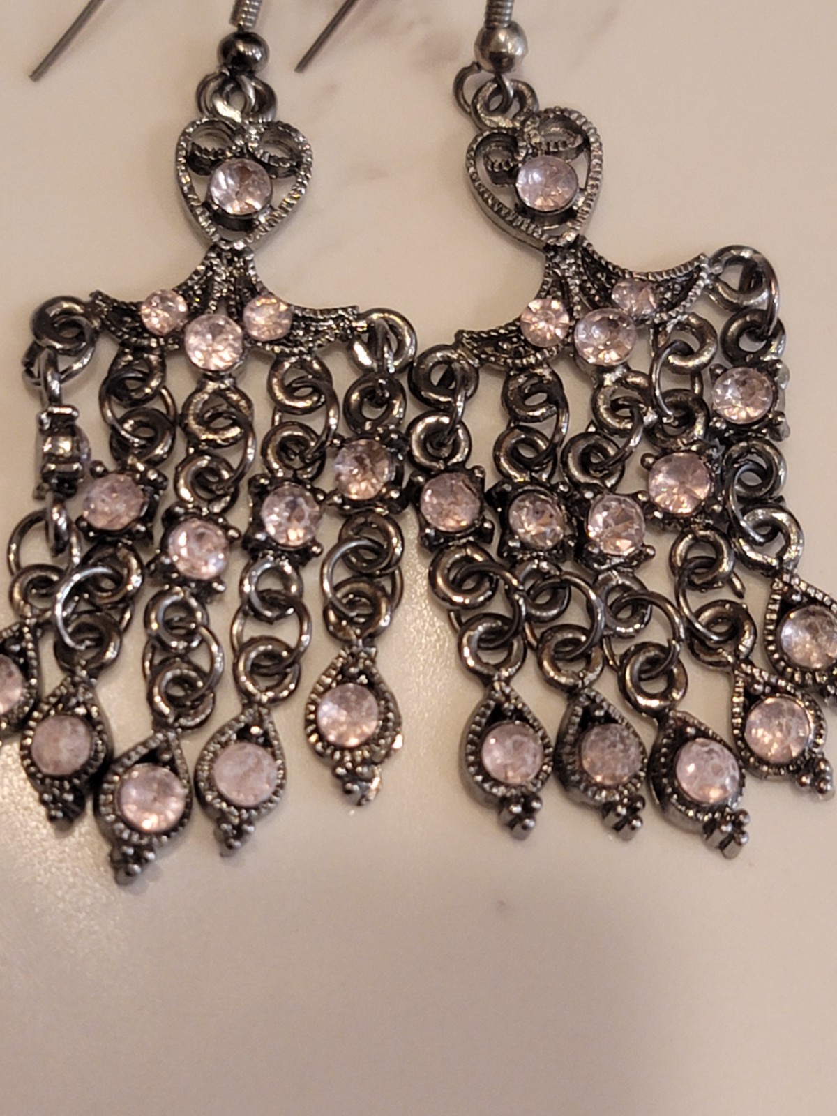 Vintage Style Chandelier Earrings Pink Rhinestone Gunmetal Dangle Boho