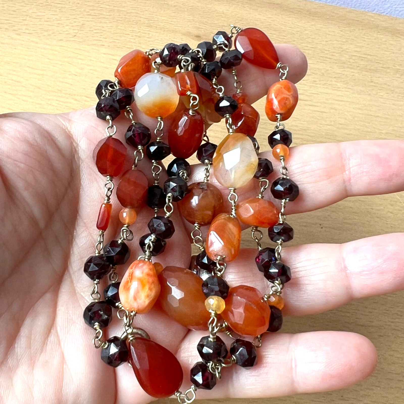 VINTAGE AGATE RHODOLITE GARNET 925 STERLING SLVR LONG STATION STATEMENT NECKLACE