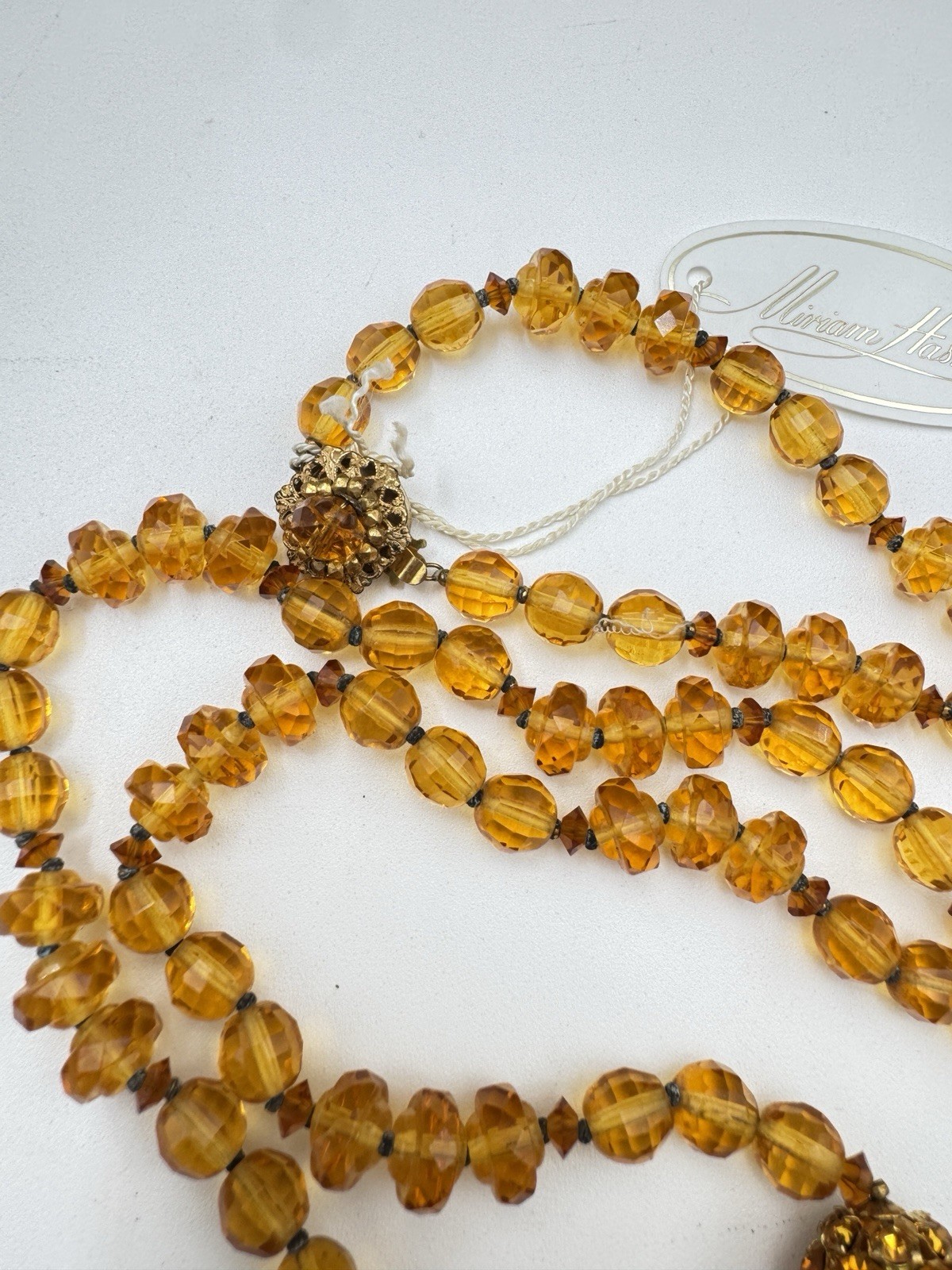 Vintage Miriam Haskell Amber Glass Bead Necklace with Rhinestone Ball Accent