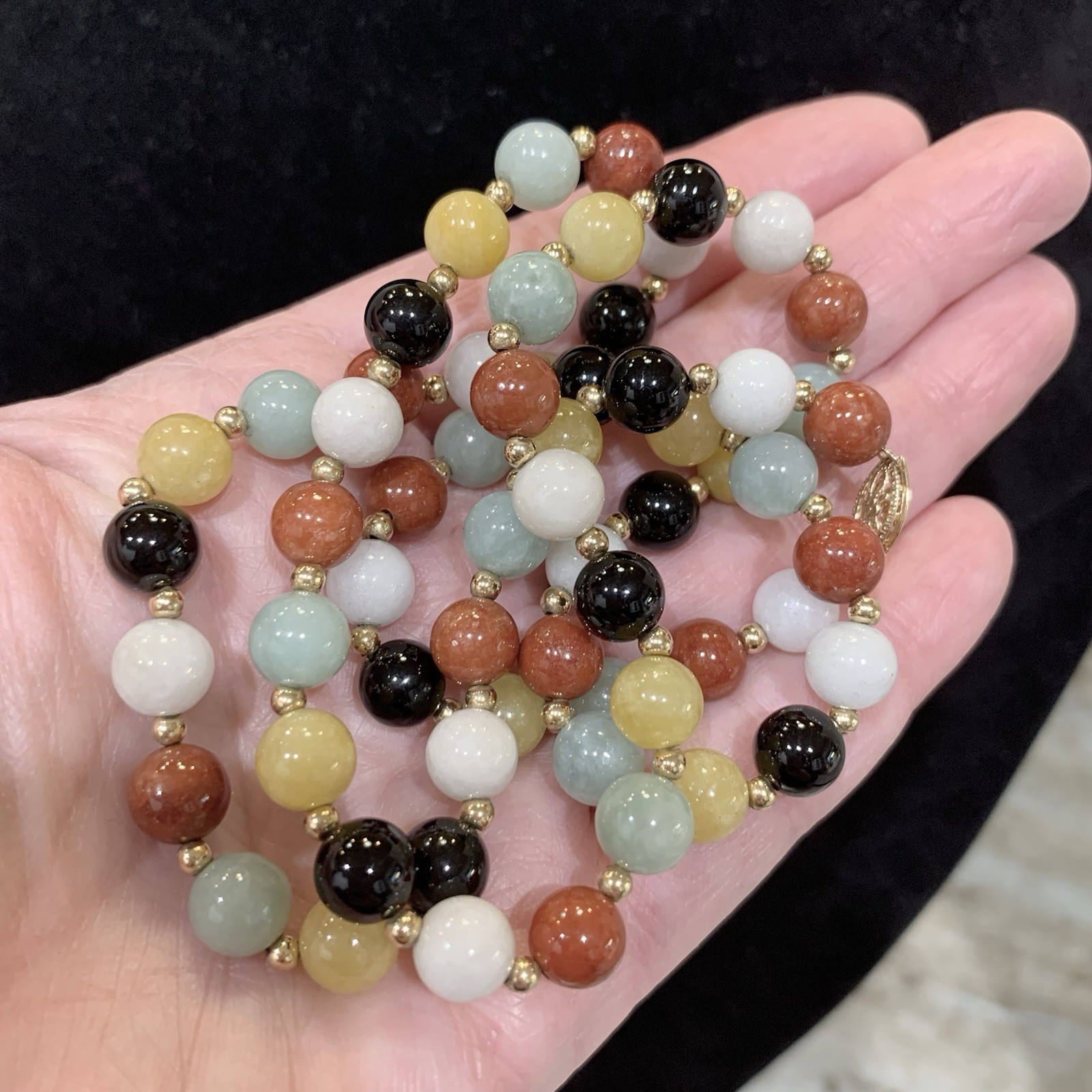 VTG JADE MULTICOLOR NECKLACE 14K Yellow Gold Beads Clasp 8mm Jadite ~55gr WW 25”