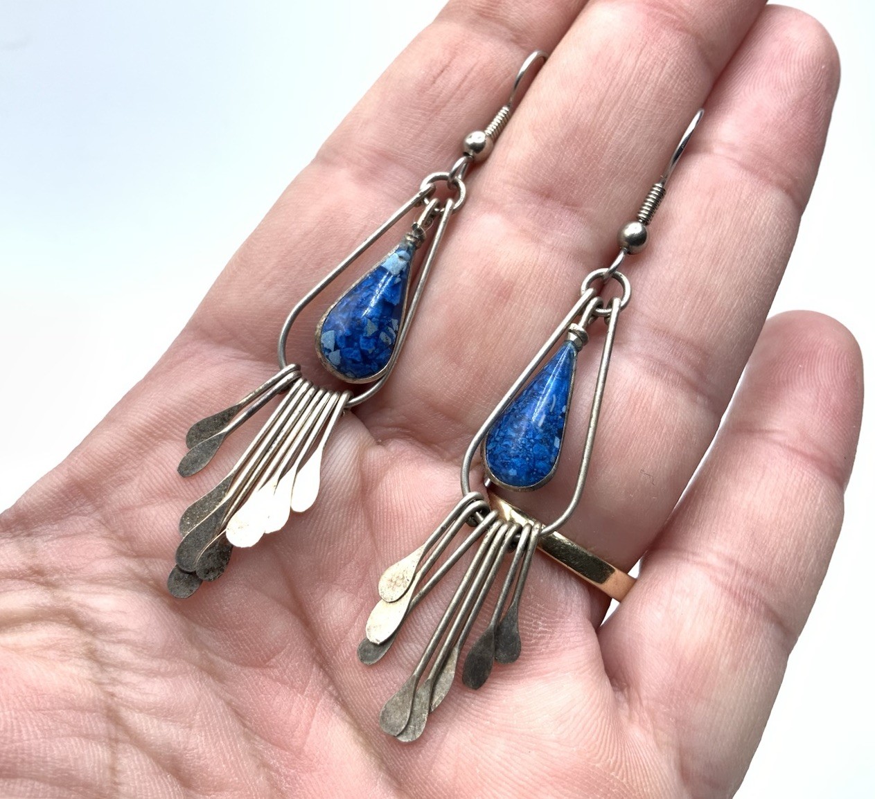 Vintage Southwest Nickel Silver Mix Metal Blue Resin Drop Dangle Hook Earrings