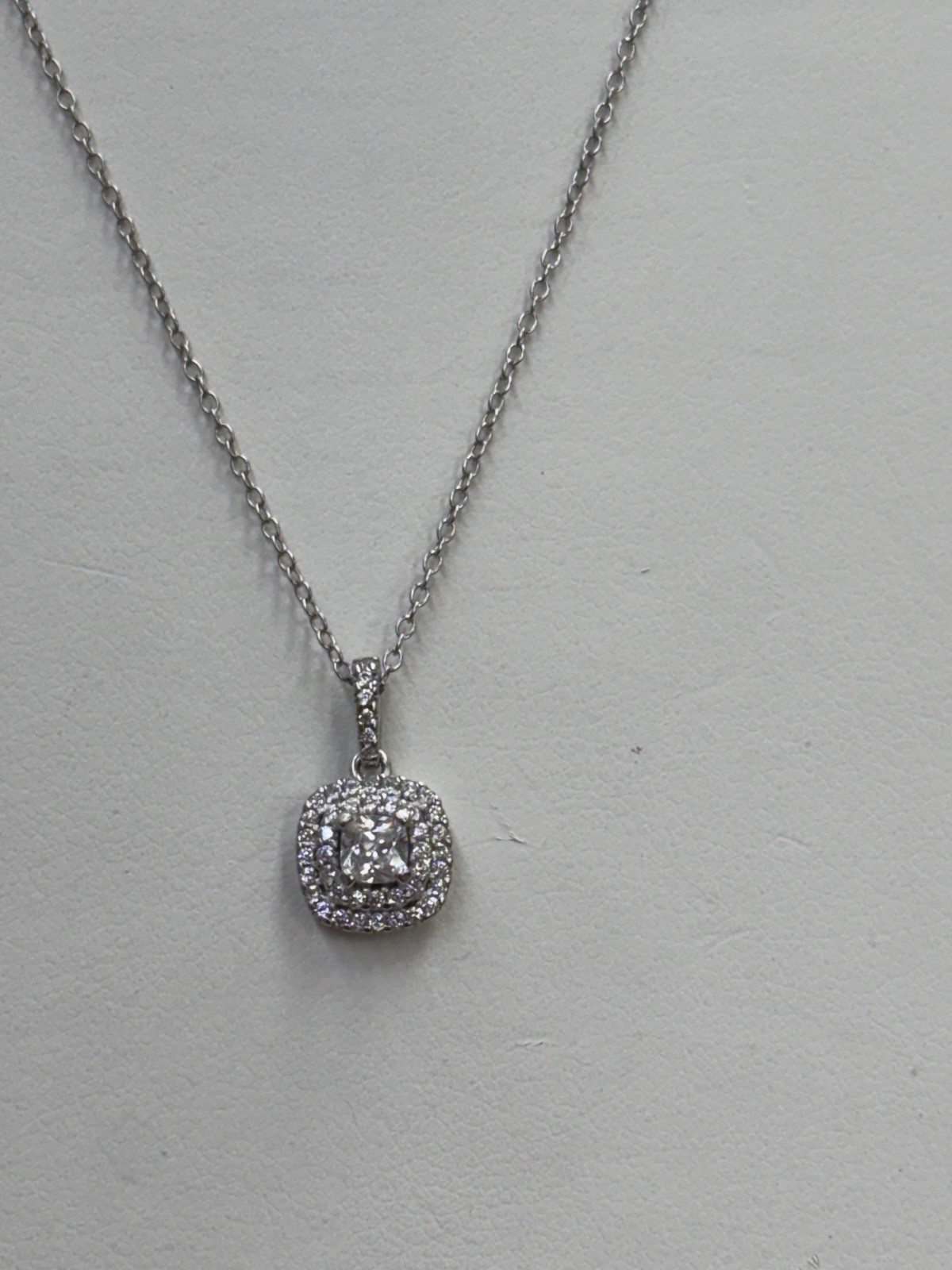 Sterling Cushion Cut CZ Double Halo Style Pendant Necklace 16-18”