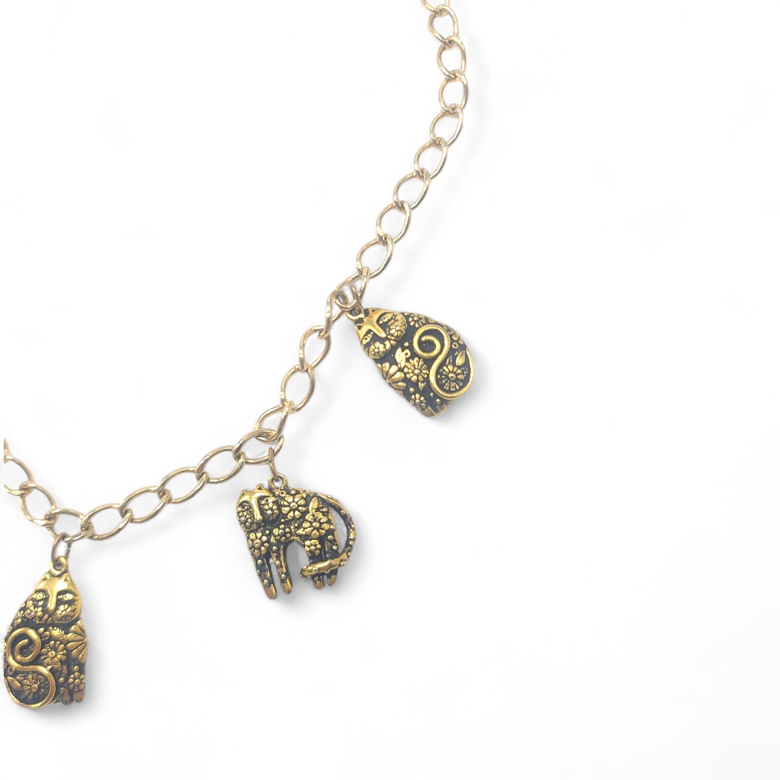 Laurel Burch Necklace 5 1993 Cat Charms Gold Tone 17.5in Chain Link Vintage