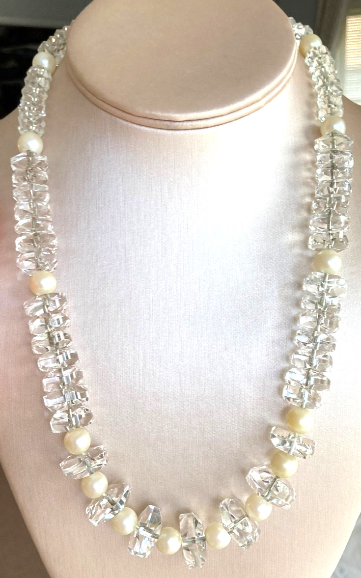 Vtg ROCK CRYSTAL Art Deco Necklace w/Pearls, Amazing Faceted Crystals 100.4grams
