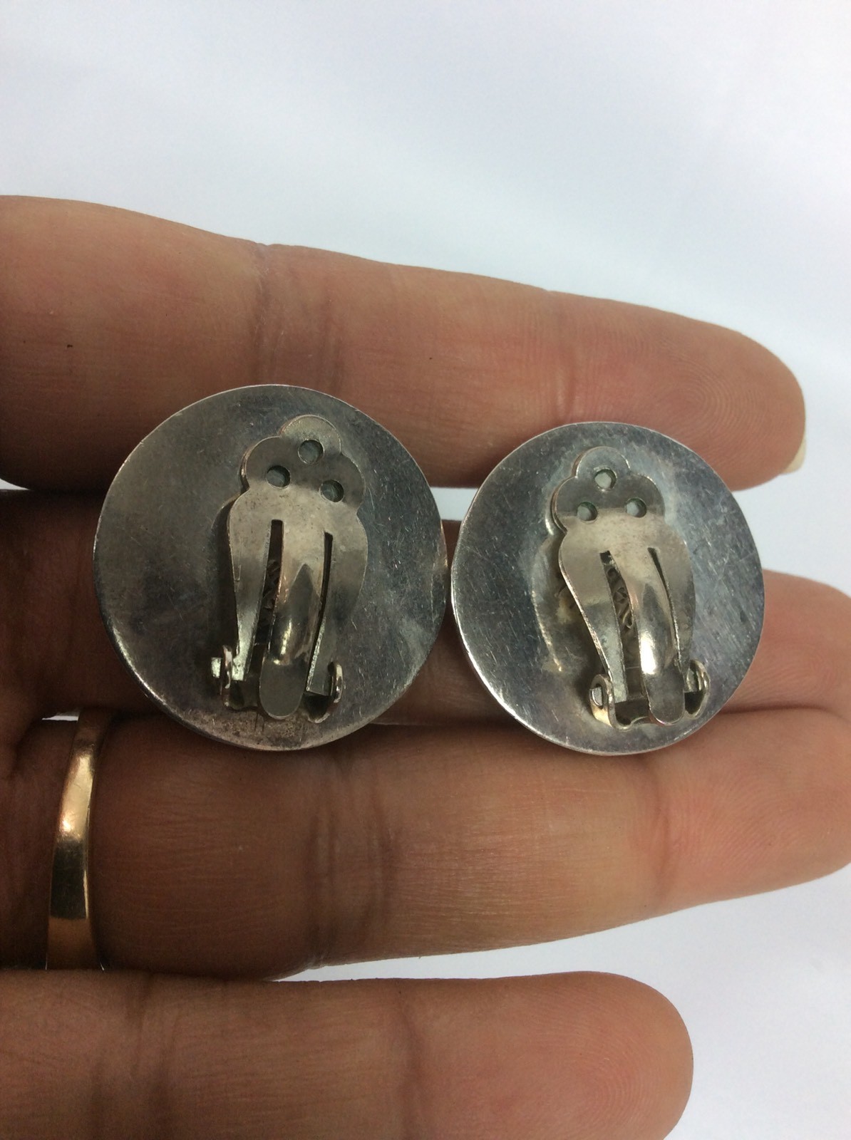 Beautiful Vtg Mexico Taxco sterling silver 925 Onyx Modernist Clip earrings