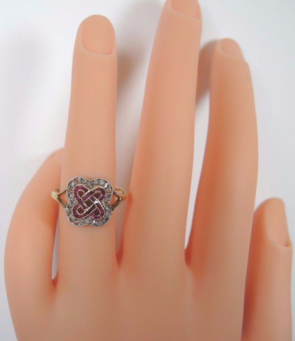 Victorian Art Deco Diamond Ruby 18K Yellow Gold Ring Size 9 UK-R1/2 Fine