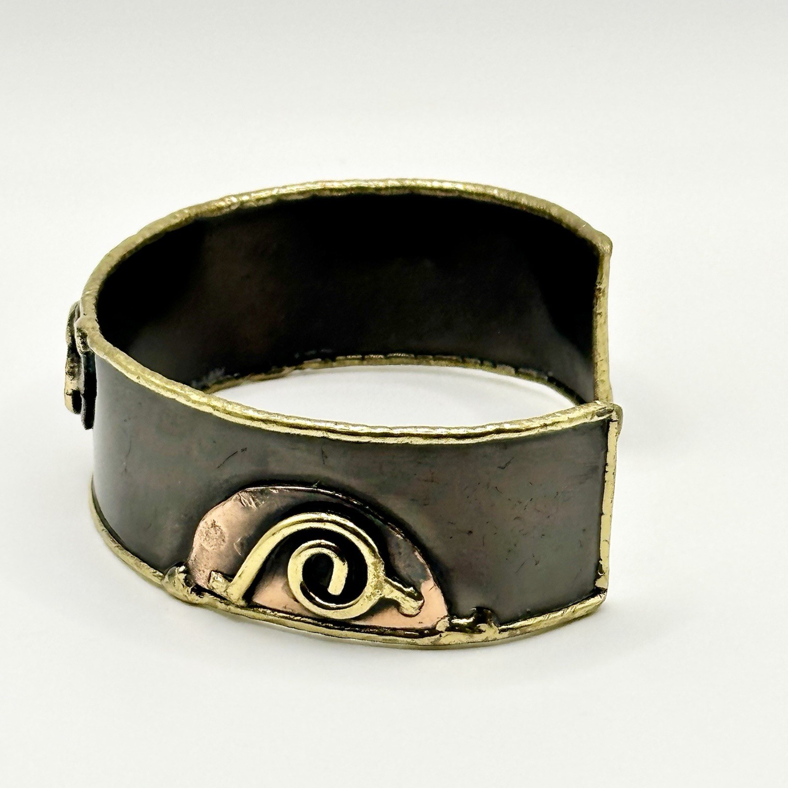 Vintage Brutalist Mixed Metals Cuff Bracelet Brass Copper Modernist Adjustable