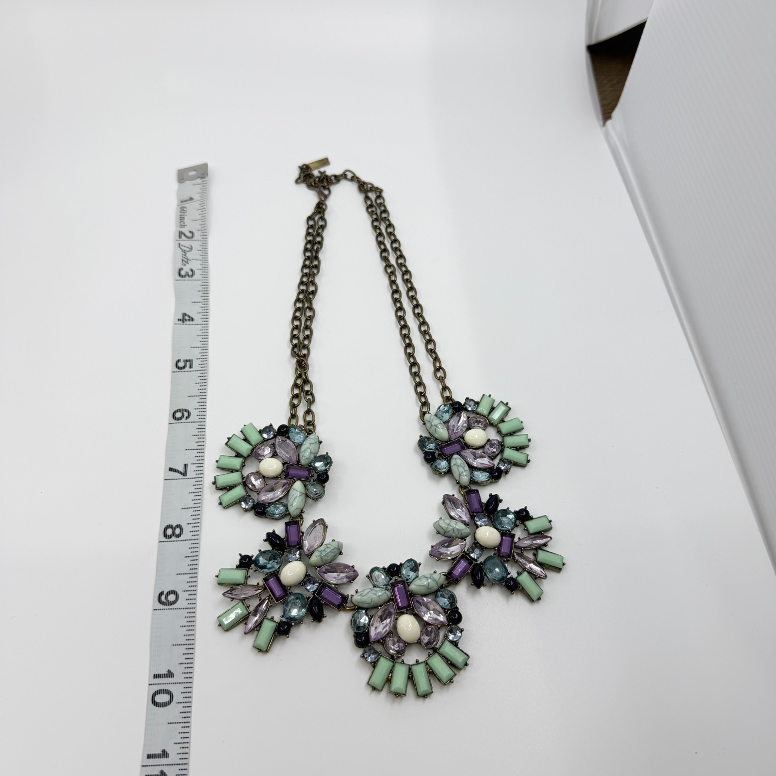 Vintage Brass Tone Rhinestone Mosaic Statement Necklace Cluster Chunky Bib Retro