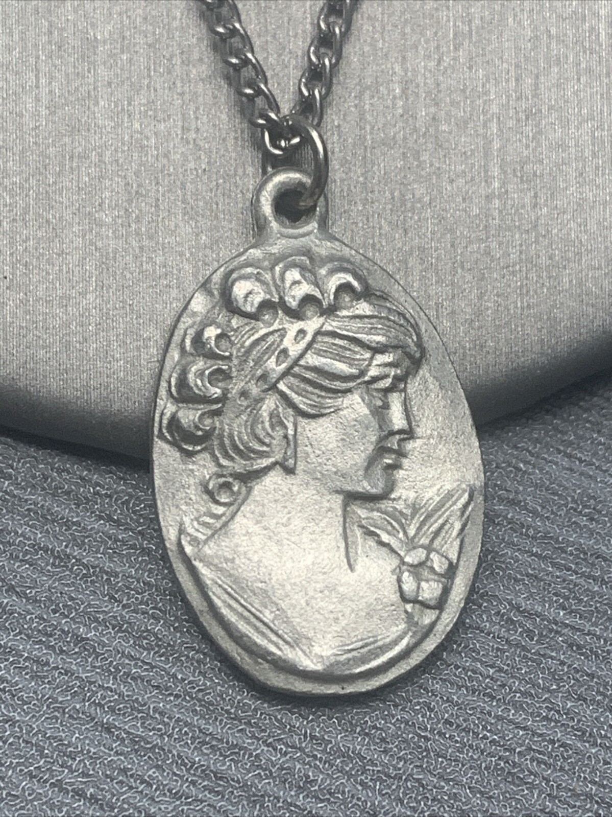 Vintage Pewter BDA First Cameo Hand Engraved Pendant Necklace 18”